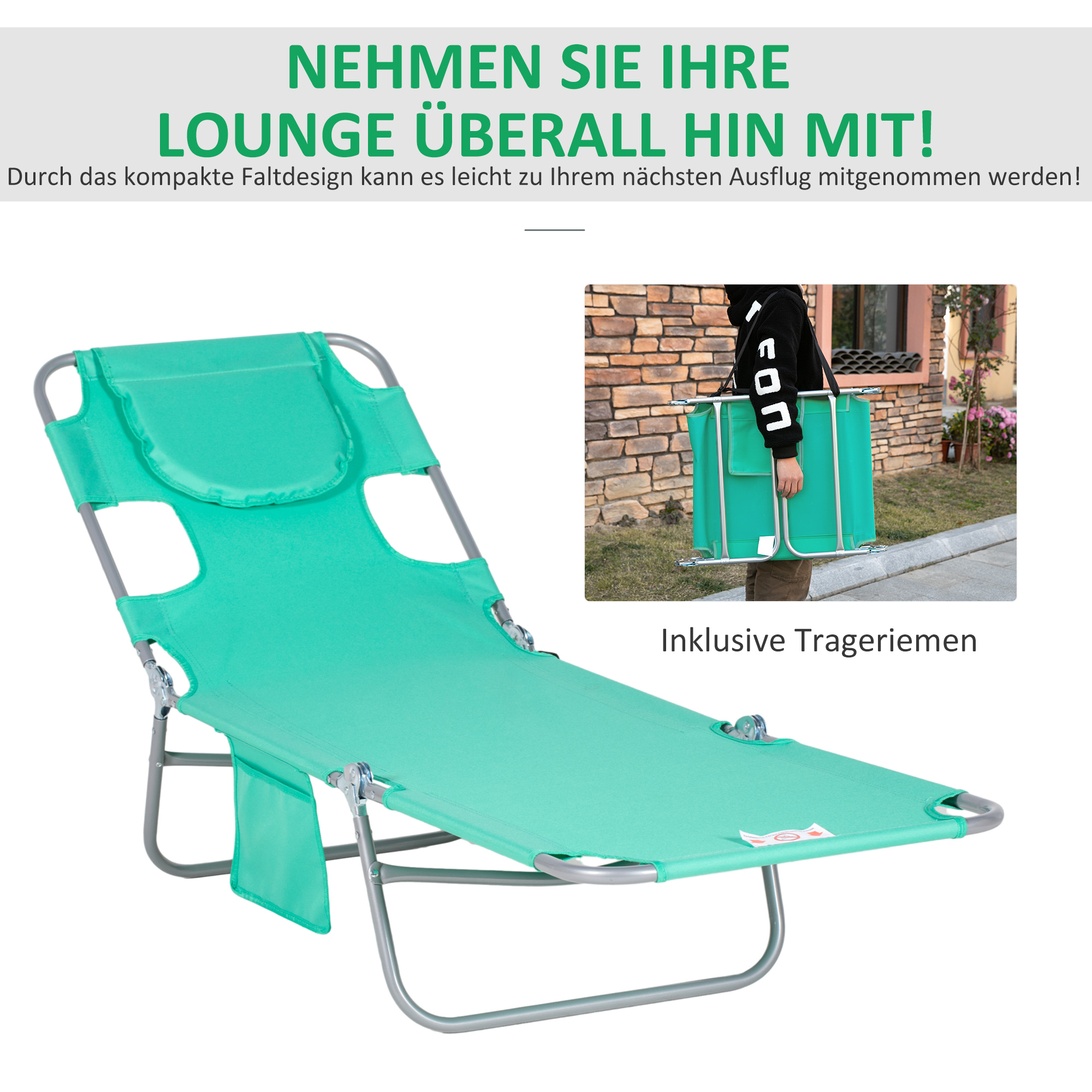 Gartenliege, Liegestuhl mit gepolsterter Gesichtsöffnung, Massage-Liege für draußen, Seitentasche, Stoff, Metall, Grün
