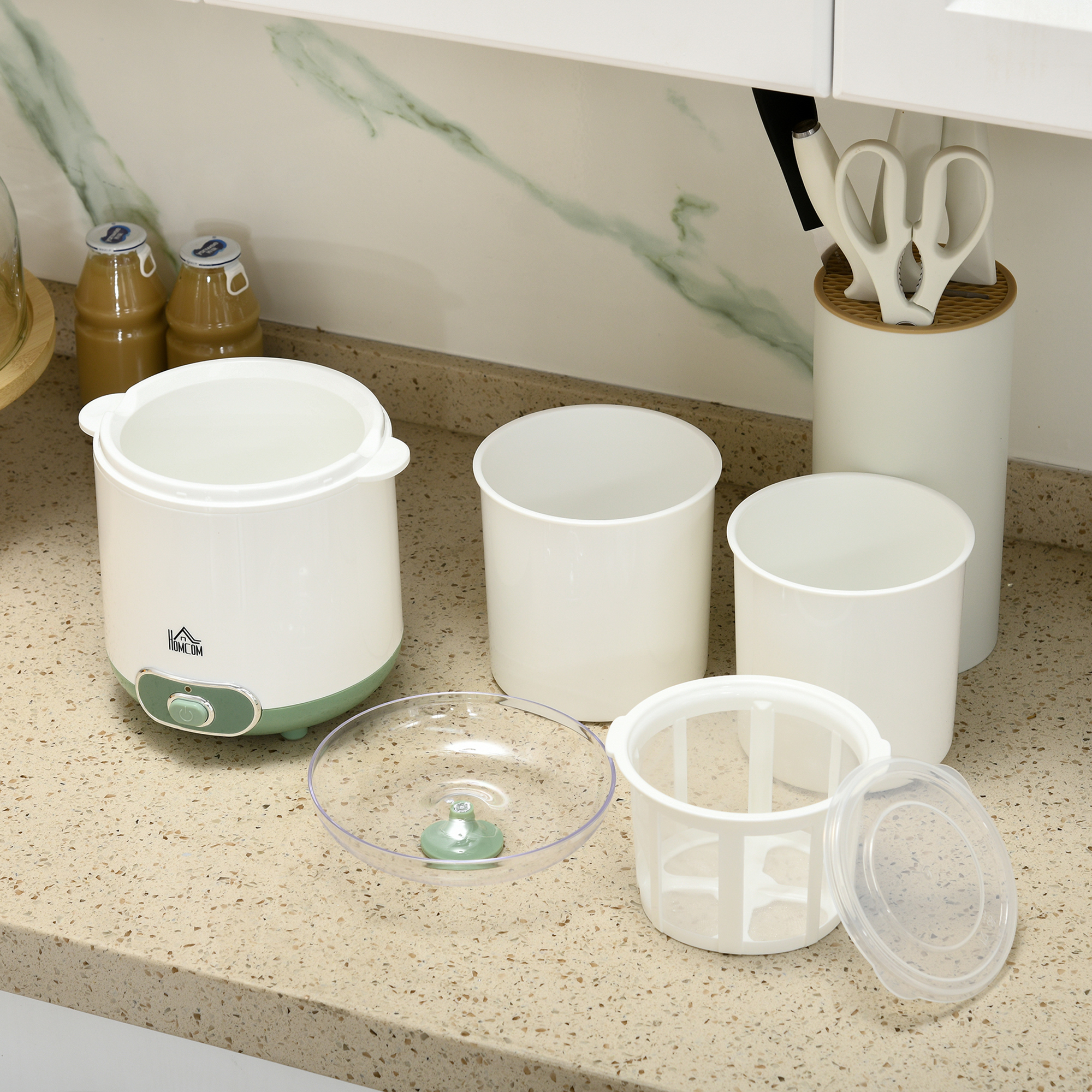 Joghurtbereiter, 1,5 L Joghurtmaschine mit 2 Gläsern, Sieb, Deckel, 20 W Joghurt-Maker für griechischen Joghurt, für 3-5 Personen, 19,5x17,5x21,4 cm, Weiß