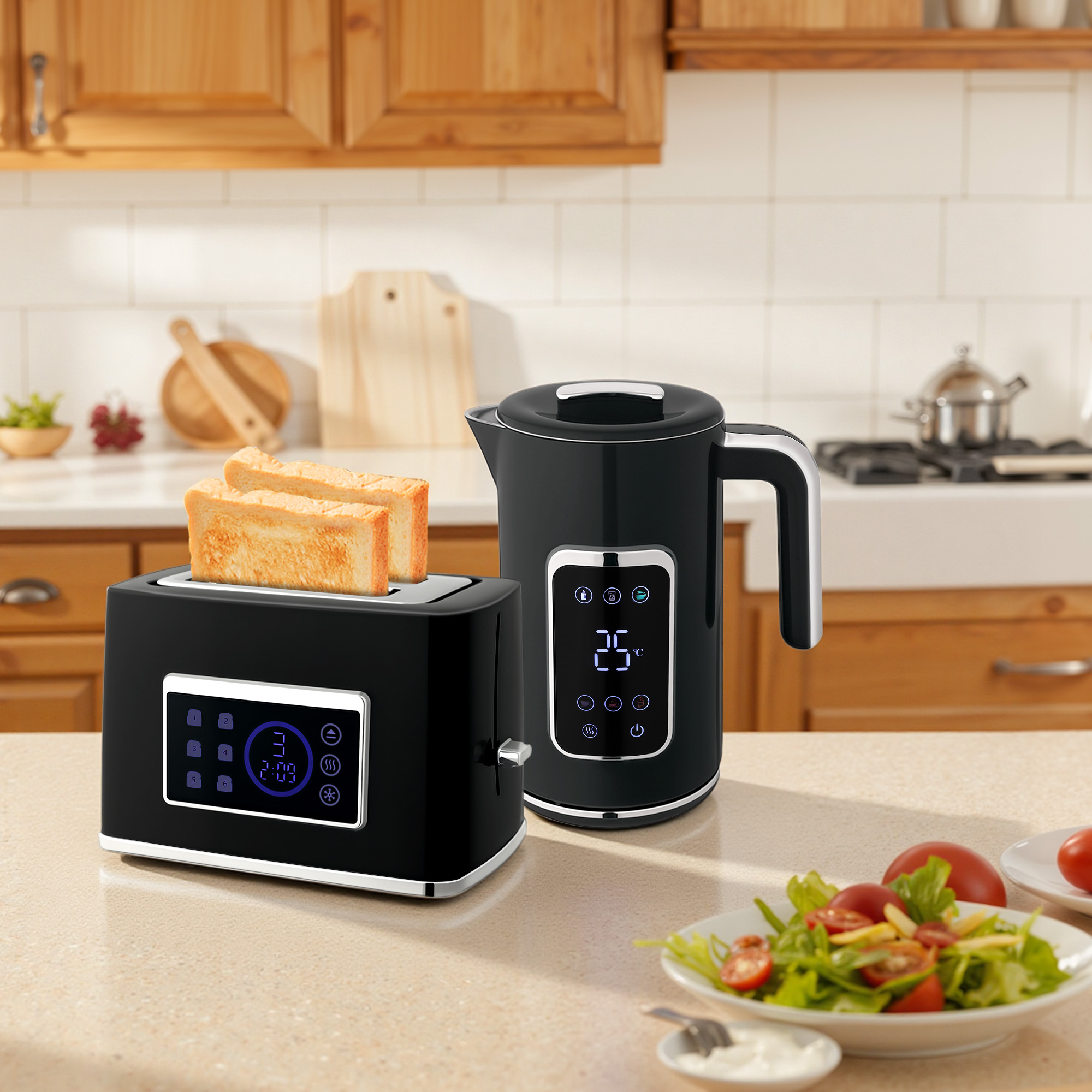 Wasserkocher und Toaster-Set mit LED-Touchscreen, 1,7 L, 2 Toasterschlitze, verschiedene Modi und Funktionen, Schwarz