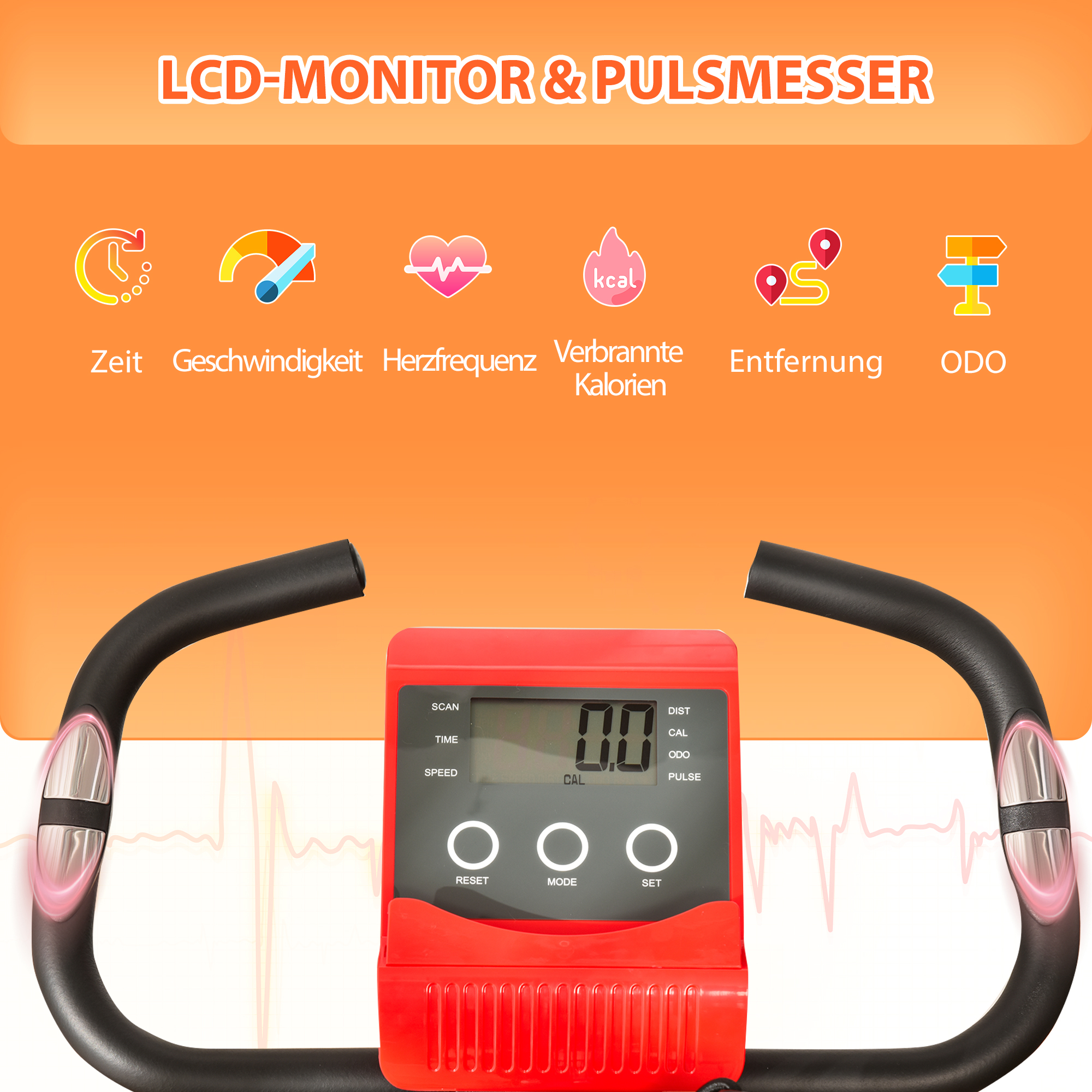 Heimtrainer X-Bike 2-in-1 Fahrradtrainer mit LCD-Display,Pulsmesser, klappbarer Hometrainer Trimmrad mit 8 stufig Magnetwiderstand, 1 Paar Spannseil, Stahl Rot 105x48x118 cm