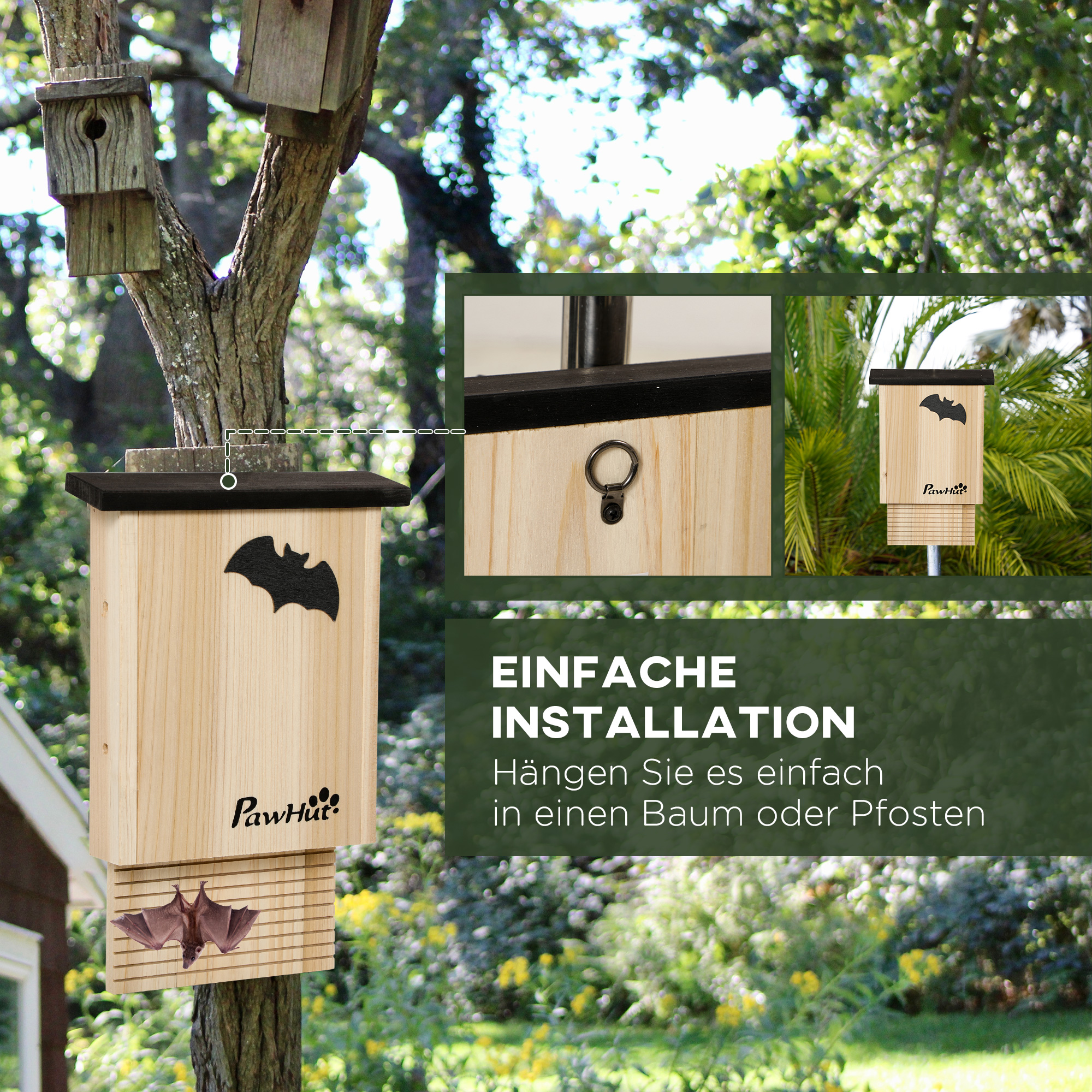 3er-Set Fledermaushaus, wetterbeständig, bis zu 3 Fledermäuse pro Haus, behandeltes Tannenholz, Natur + Schwarz