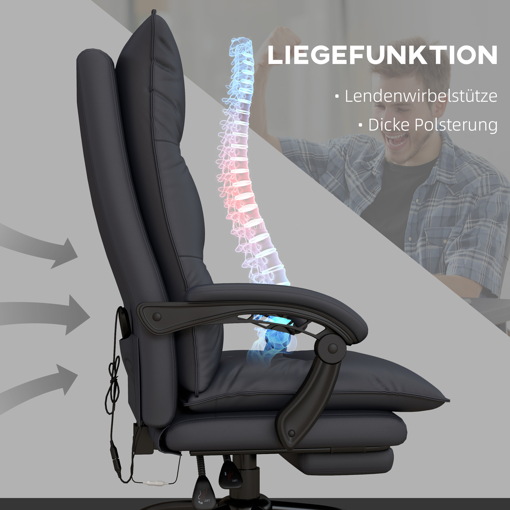 Bürostuhl mit Massagefunktion & Heizfunktion, Fußstütze, bis 120 kg, Dunkelgrau