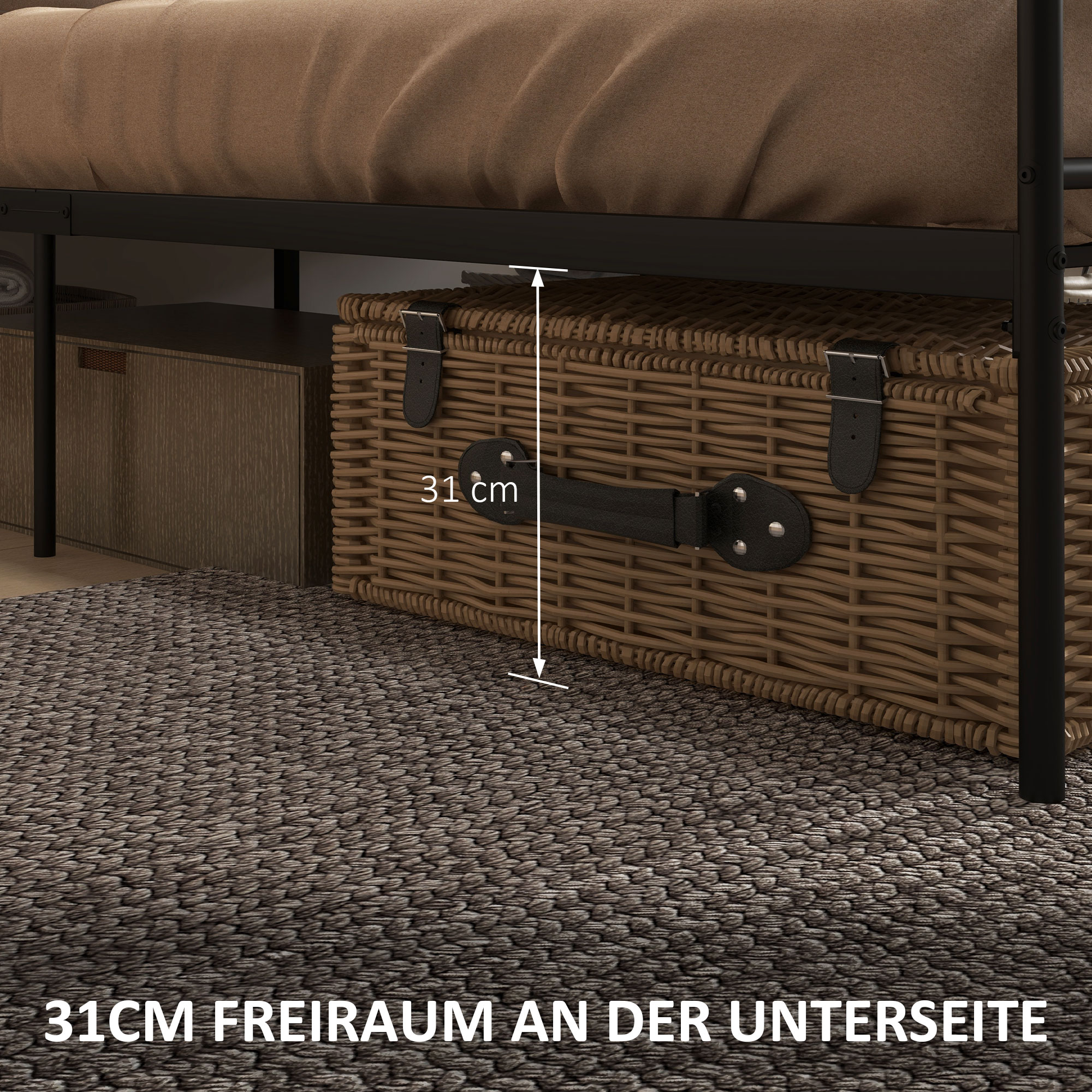 Bett 165 x 207 cm Bettrahmen mit Lattenrost aus Stahl, Unterbettaufbewahrung, Doppelbett, Schwarz