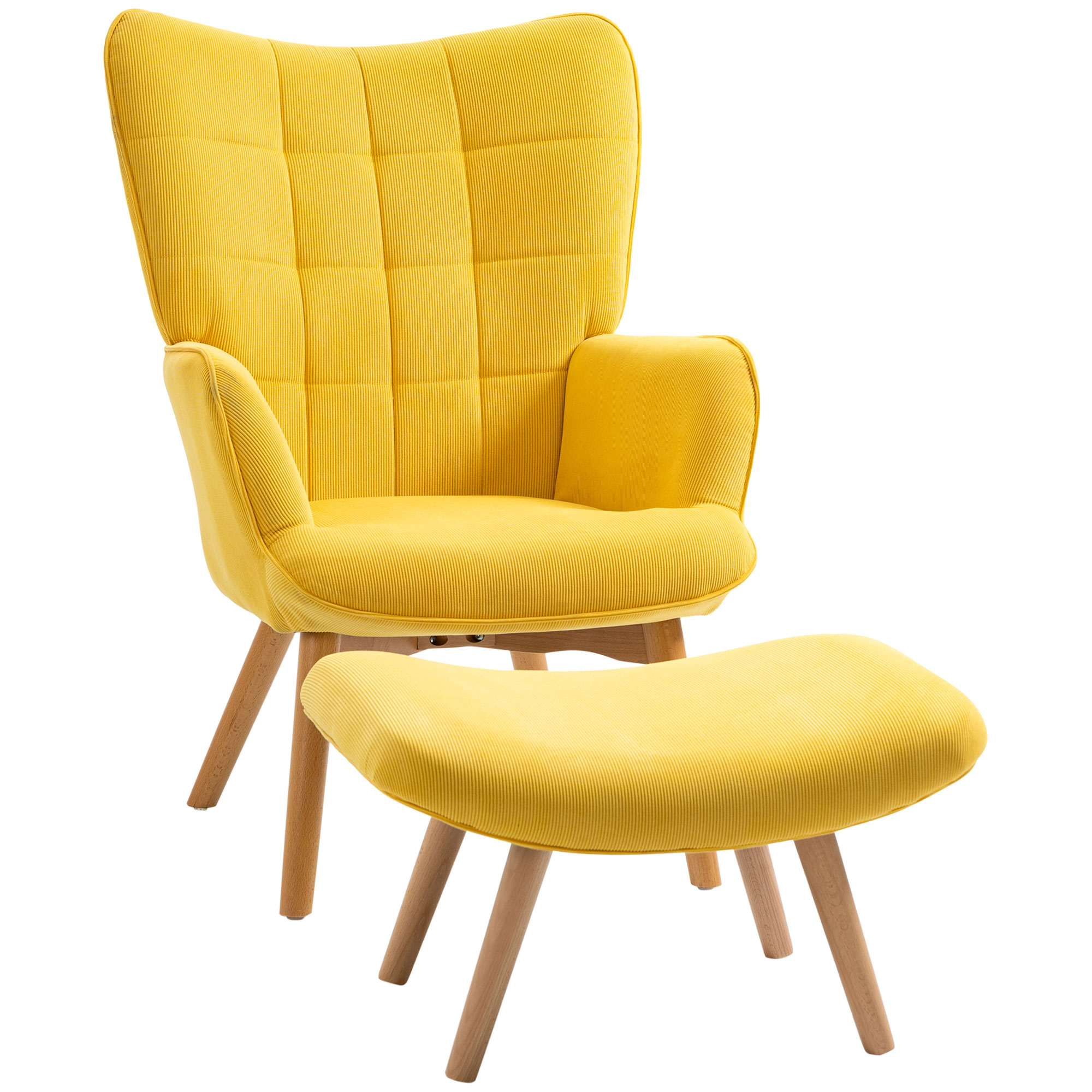 Akzentsessel mit Hocker, Relaxsessel in Cord-Optik, Armlehnstuhl mit Holzbeinen, für Wohnzimmer, Gelb Akzentsessel mit Hocker, Relaxsessel in Cord-Optik, Armlehnstuhl mit Holzbeinen, für Wohnzimmer, Gelb