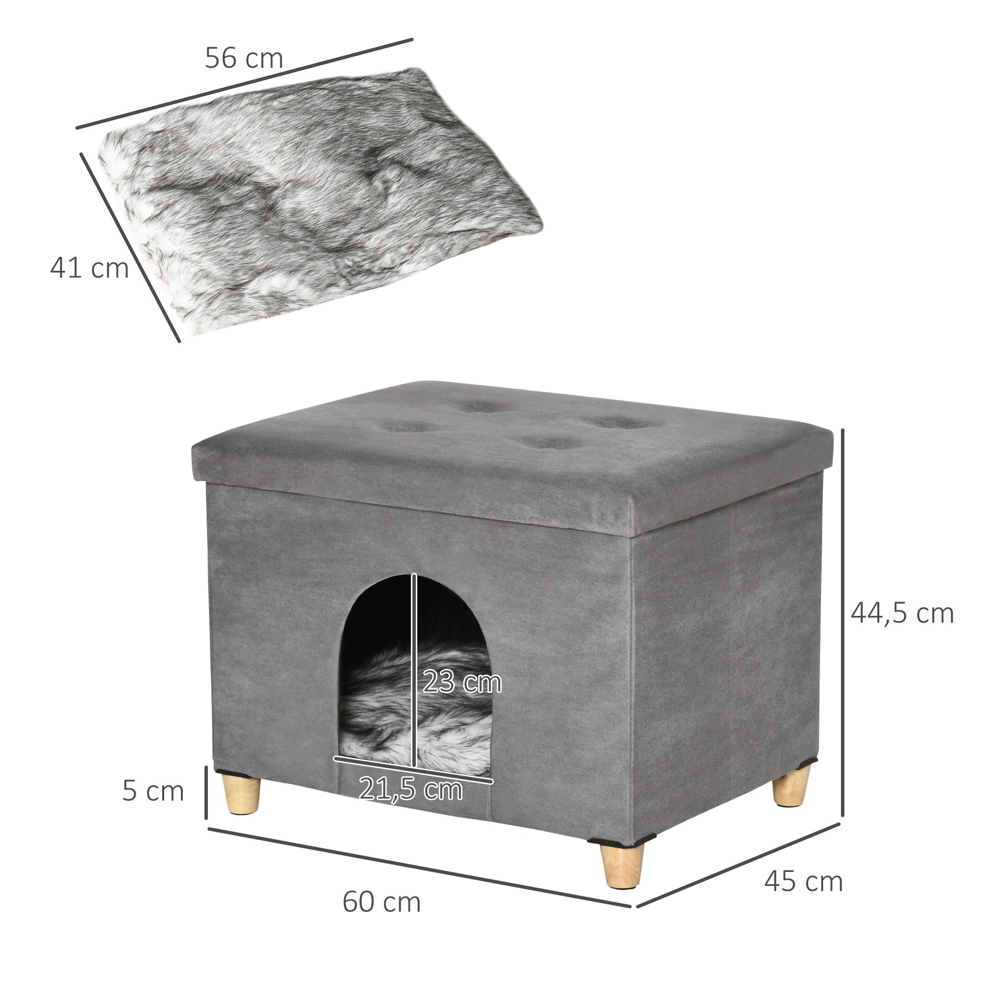 2-IN-1 Katzenhöhle Fußhocker mit Kissen Holzbeine Katzenhaus Katzenkorb weich gepolstert Ottomane elegantes Design abnehmbar MDF Plüsch Grau 60 x 45 x 44,5 cm