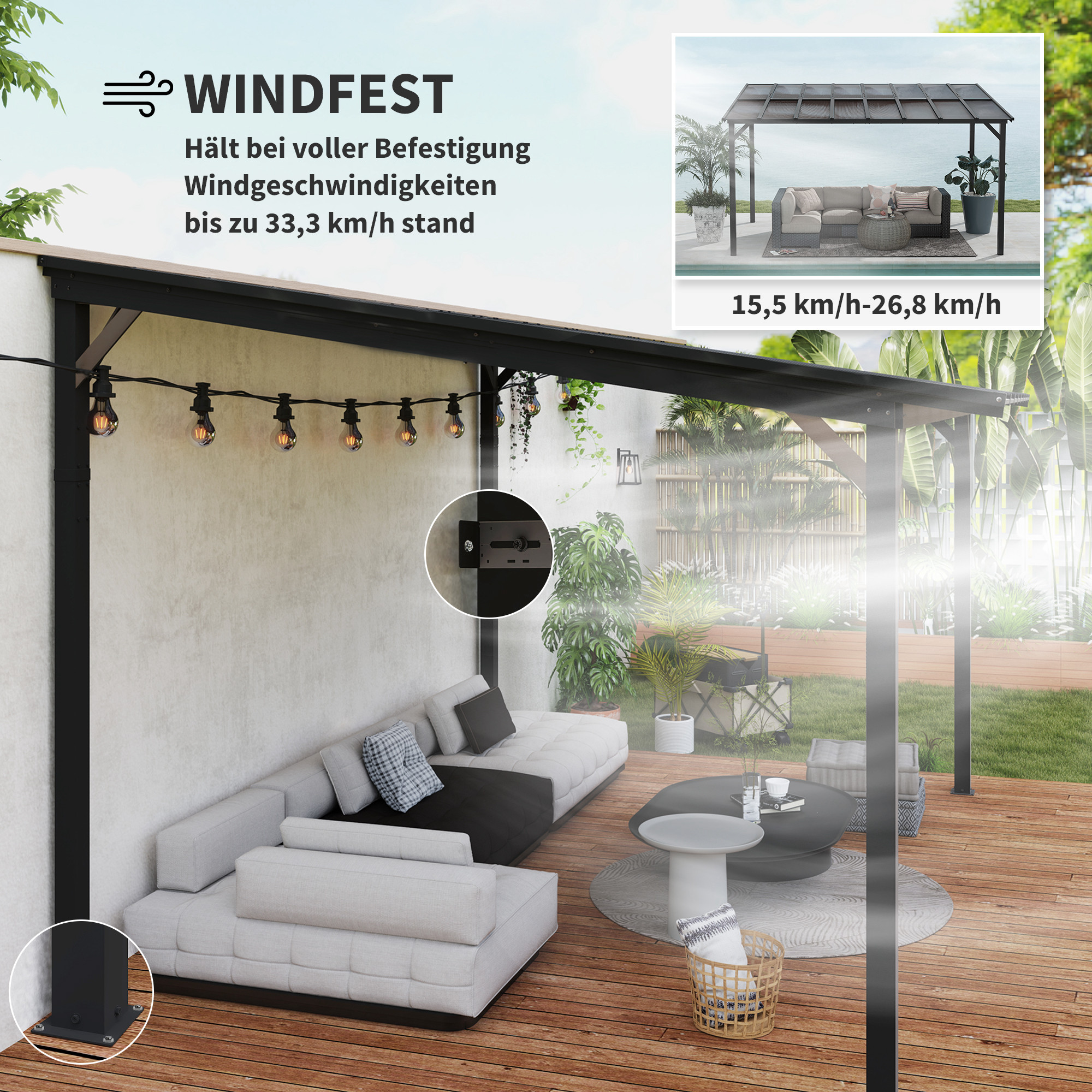 Terrassenüberdachung ca, 3 x 4,3m freistehende Terrassendach mit schrägen Polycarbonat-Dach Wandmontage Dunkelgrau