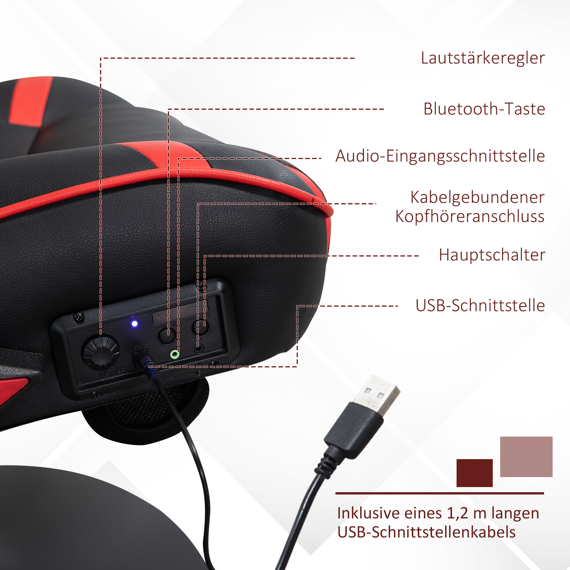 Gamingsessel, Gamingstuhl, integrierte Lautsprecher, neigbare Rücklehne, schwarz+rot, 69 x 73 x 118cm