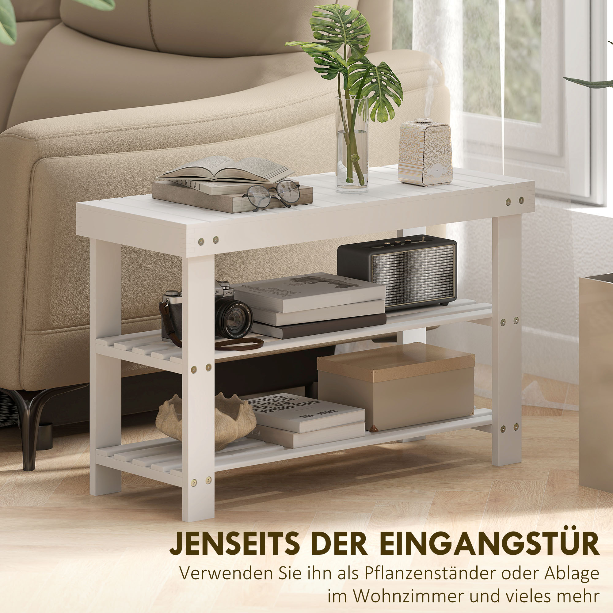 Schuhbank Bambus mit 2 Ablagen, Sitzbank mit Stauraum, für Flur, 70x28x45 cm, Weiß