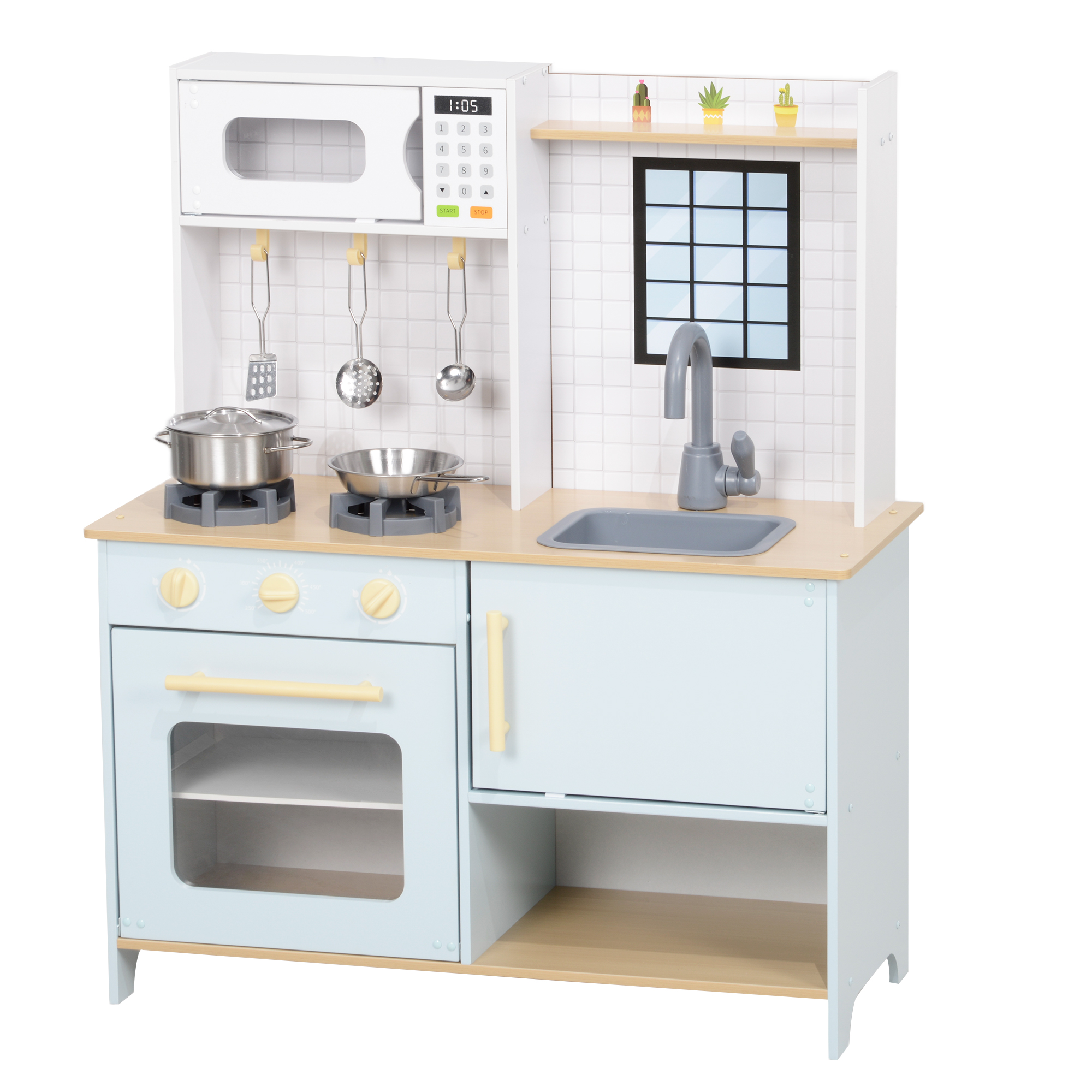 Spielküchen-Set, Kinderküche zum Spielen mit Mikrowelle, Herd und Backofen, Kochutensilien, MDF, Edelstahl, Blau
