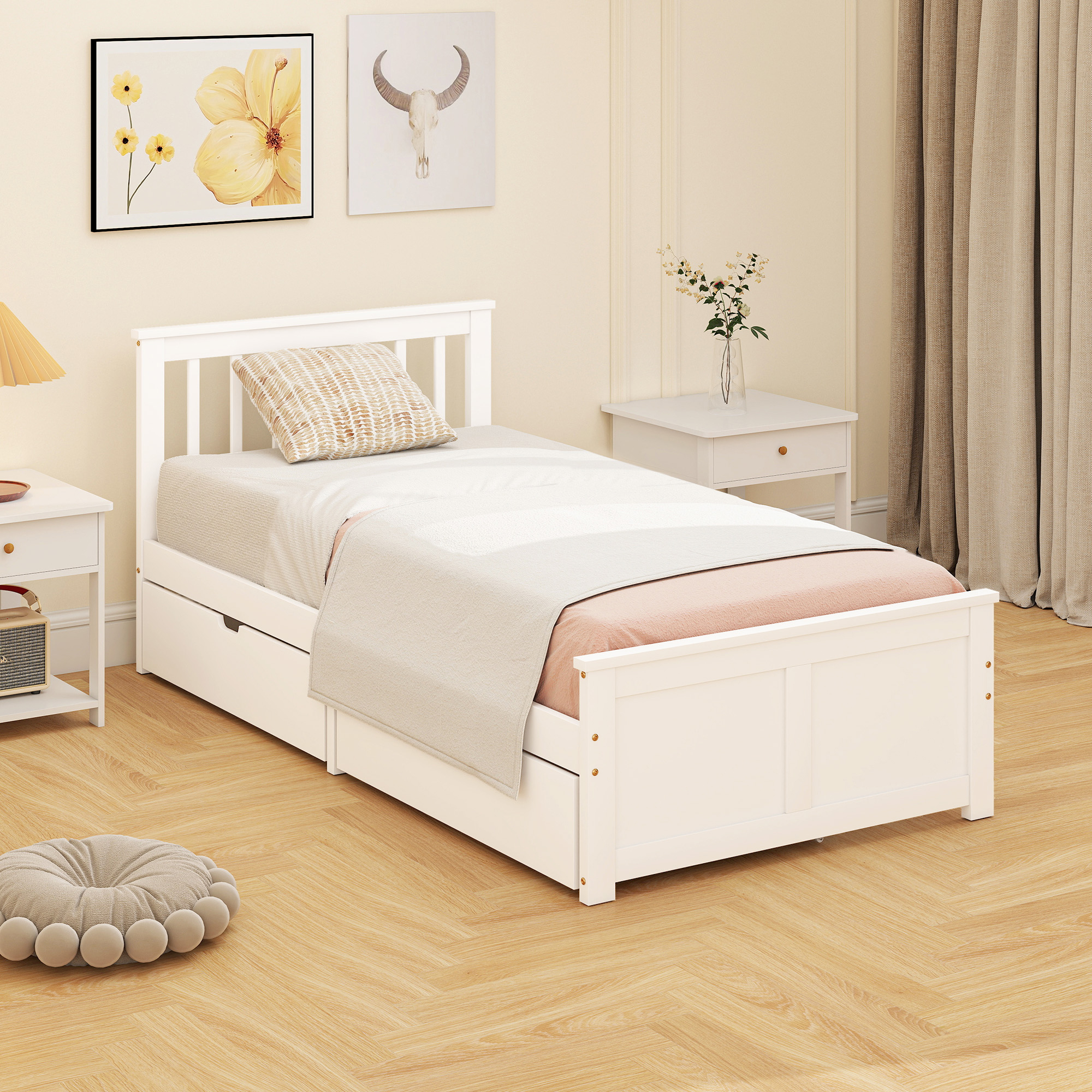 Einzelbettgestell, Bettrahmen aus Holz, Schubladen auf Rädern, kein Lattenrost notwendig, 90 x 200 cm, Weiß