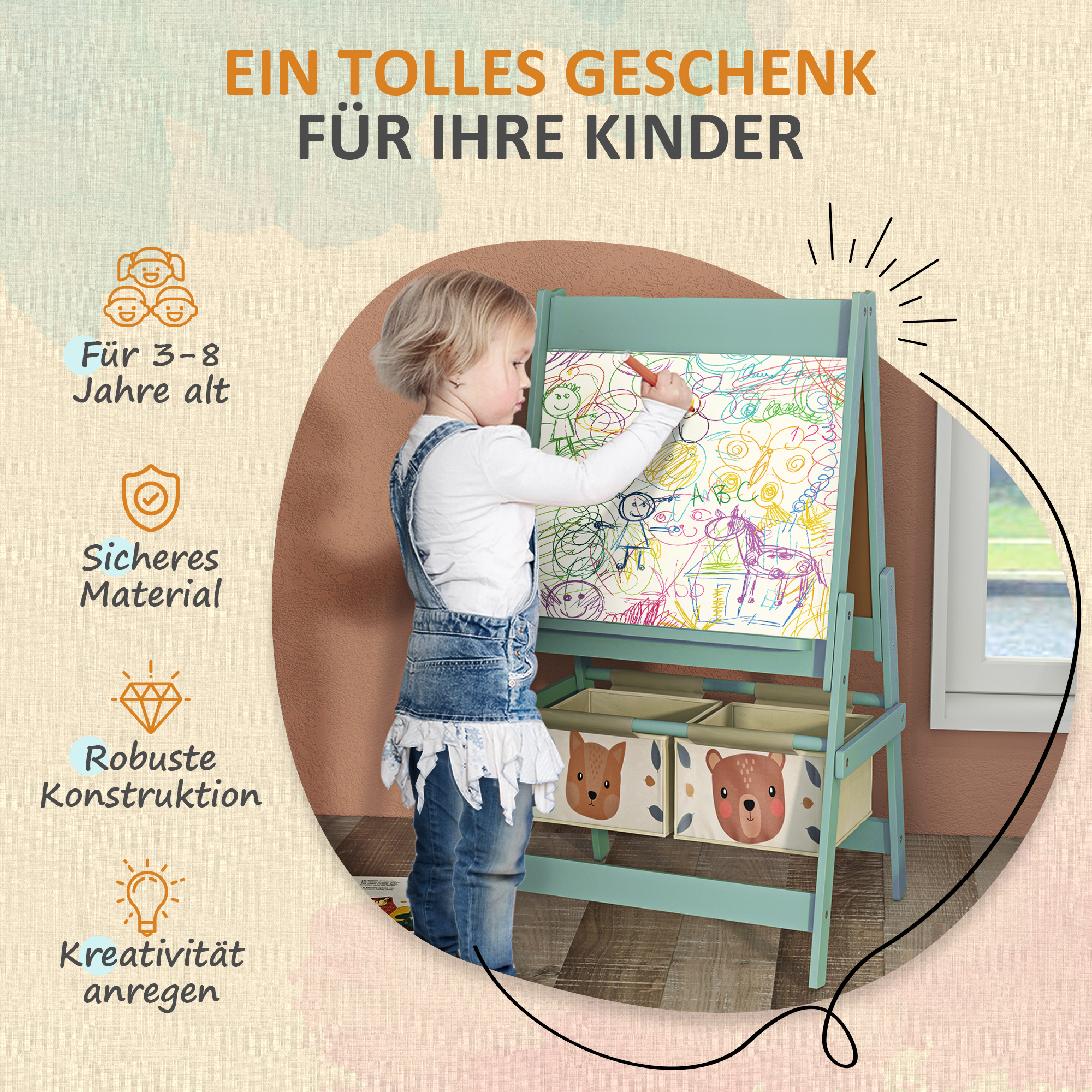 3-in-1 Kinder Staffelei mit Papierrolle, Kreidetafel, Whiteboard, Aufbewahrungskörbe, 54 x 46,5 x 93 cm, grün