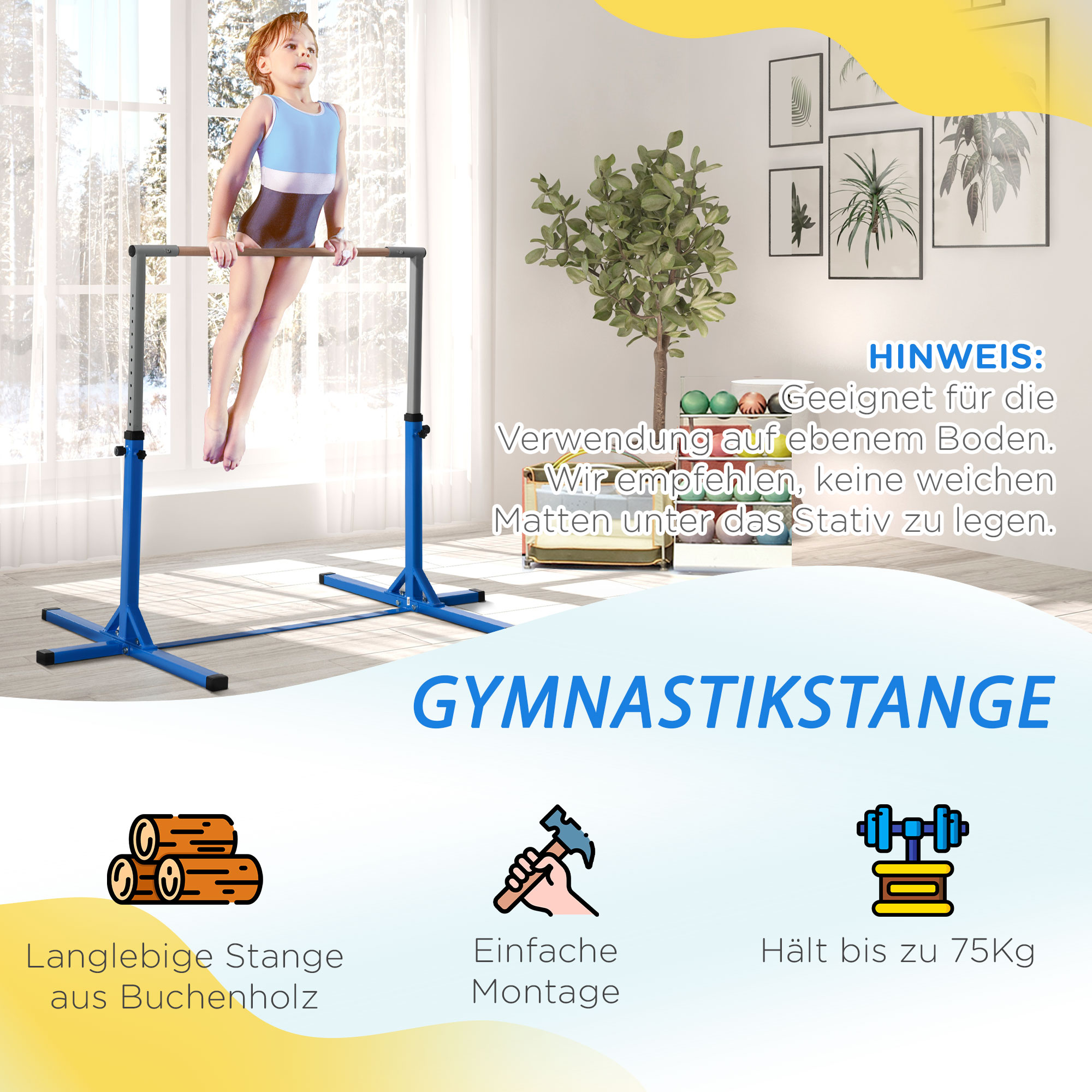 Gymnastik-Turnreck, 13-stufig höhenverstellbar Reckstange, Reck Turnstange aus Holz & stabile Stahlkonstruktion bis 75 kg belastbar, für 3+ Kinder, Indoor, Outdoor, Blau