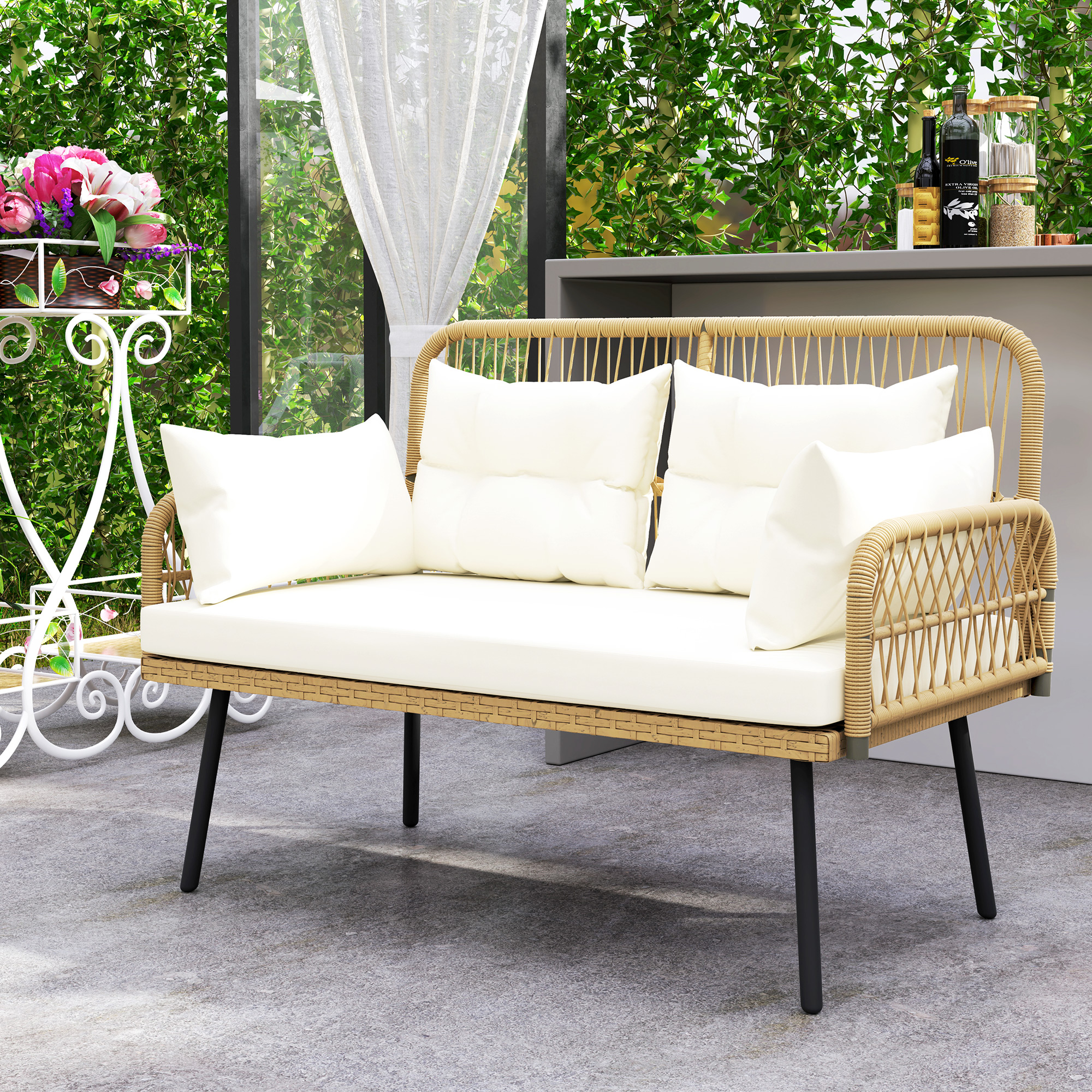 Gartensofa mit Kissen 2-Sitzer Sofa Outdoor Balkon Sofa Rattansofa Polyrattan 115 x 61 x 82 cm Naturholz