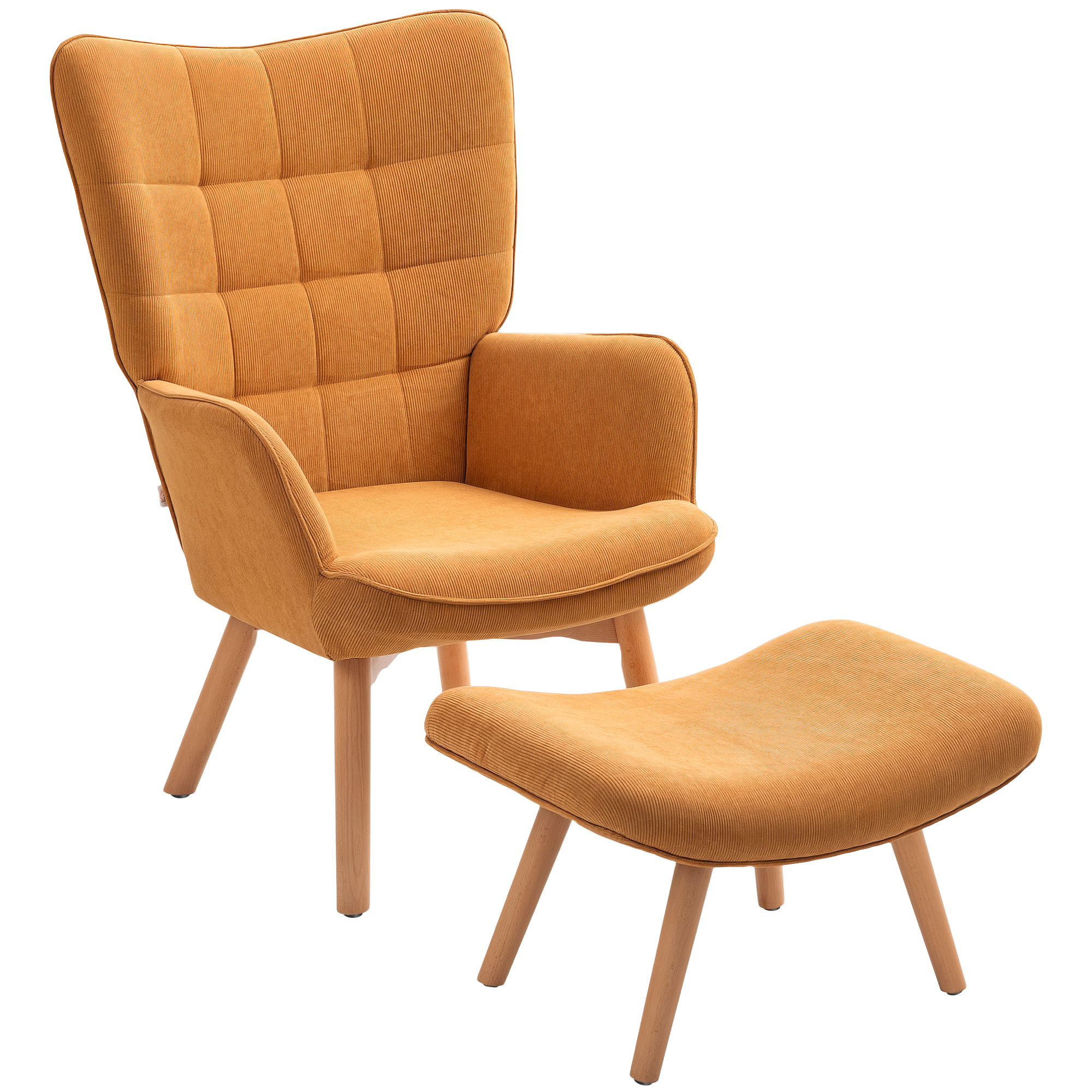 Akzentsessel mit Hocker, Relaxsessel in Cord-Optik, Armlehnstuhl mit Holzbeinen, für Wohnzimmer, Braun Akzentsessel mit Hocker, Relaxsessel in Cord-Optik, Armlehnstuhl mit Holzbeinen, für Wohnzimmer, Braun