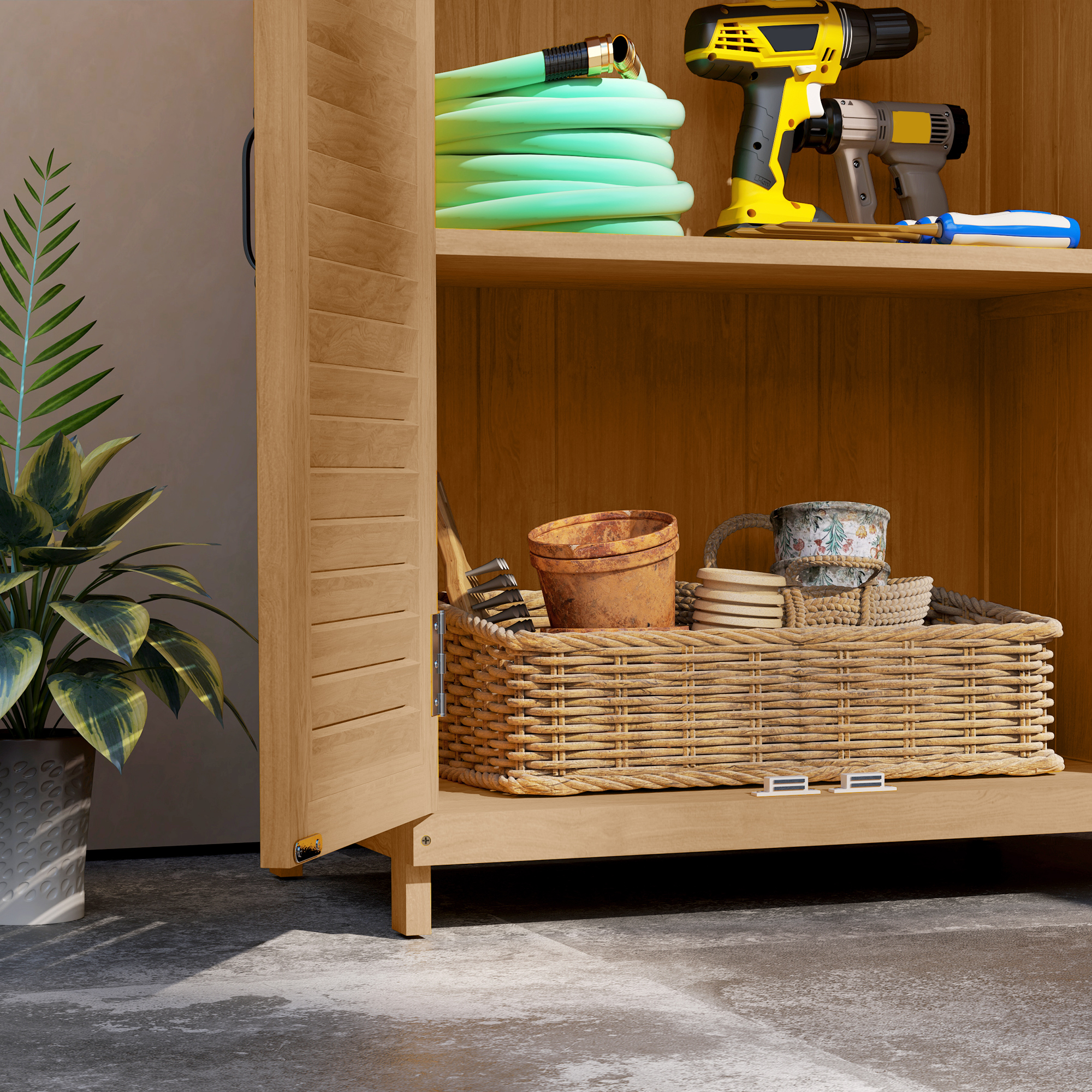 Gartenschrank Holz, Geräteschuppen mit Arbeitsfläche, wetterfest Geräteschrank, 65,5x40x98,5cm Gelb