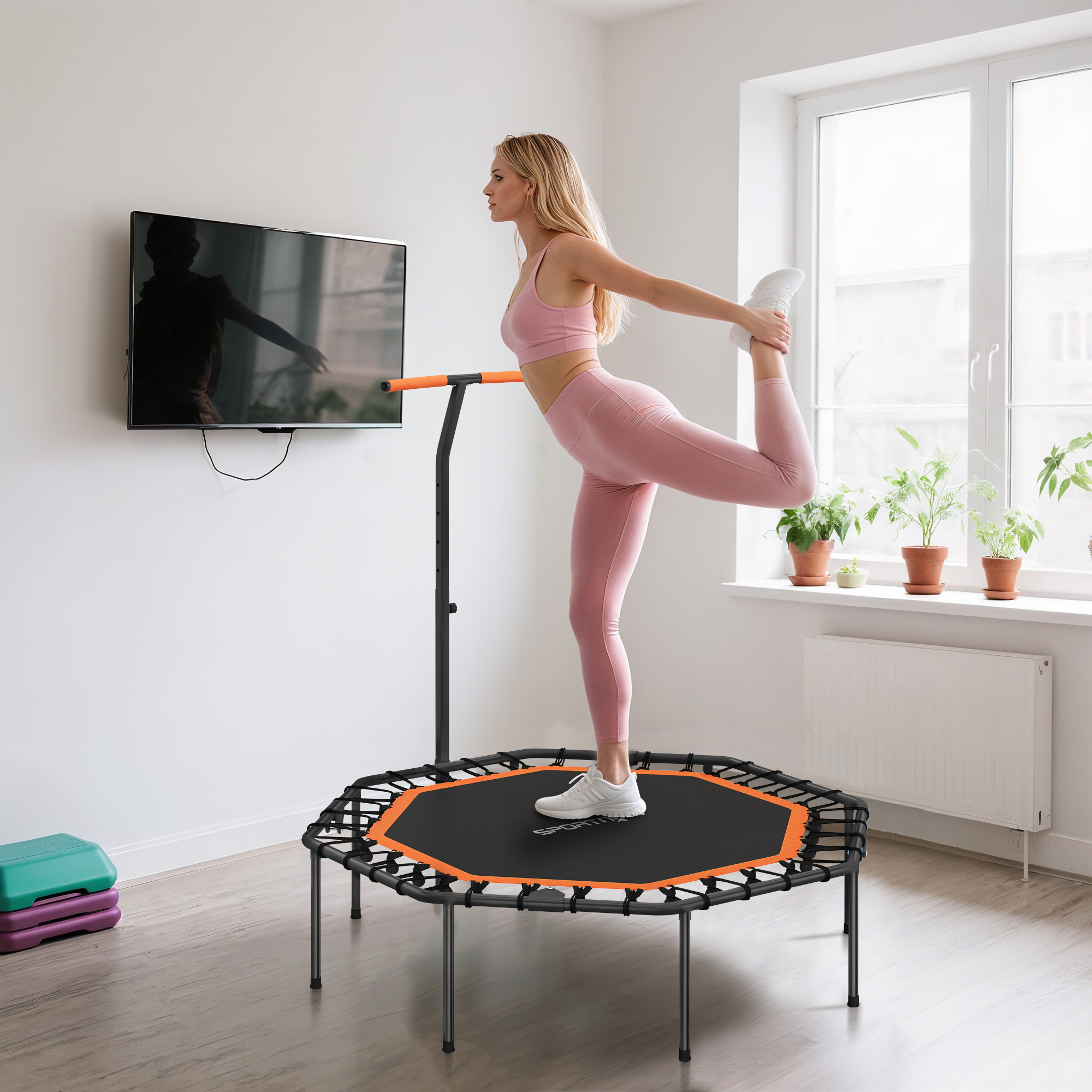 Fitness-Trampolin, Trainingstrampolin mit verstellbarem Haltegriff, stabil und leise, für drinnen, Stahl, Orange