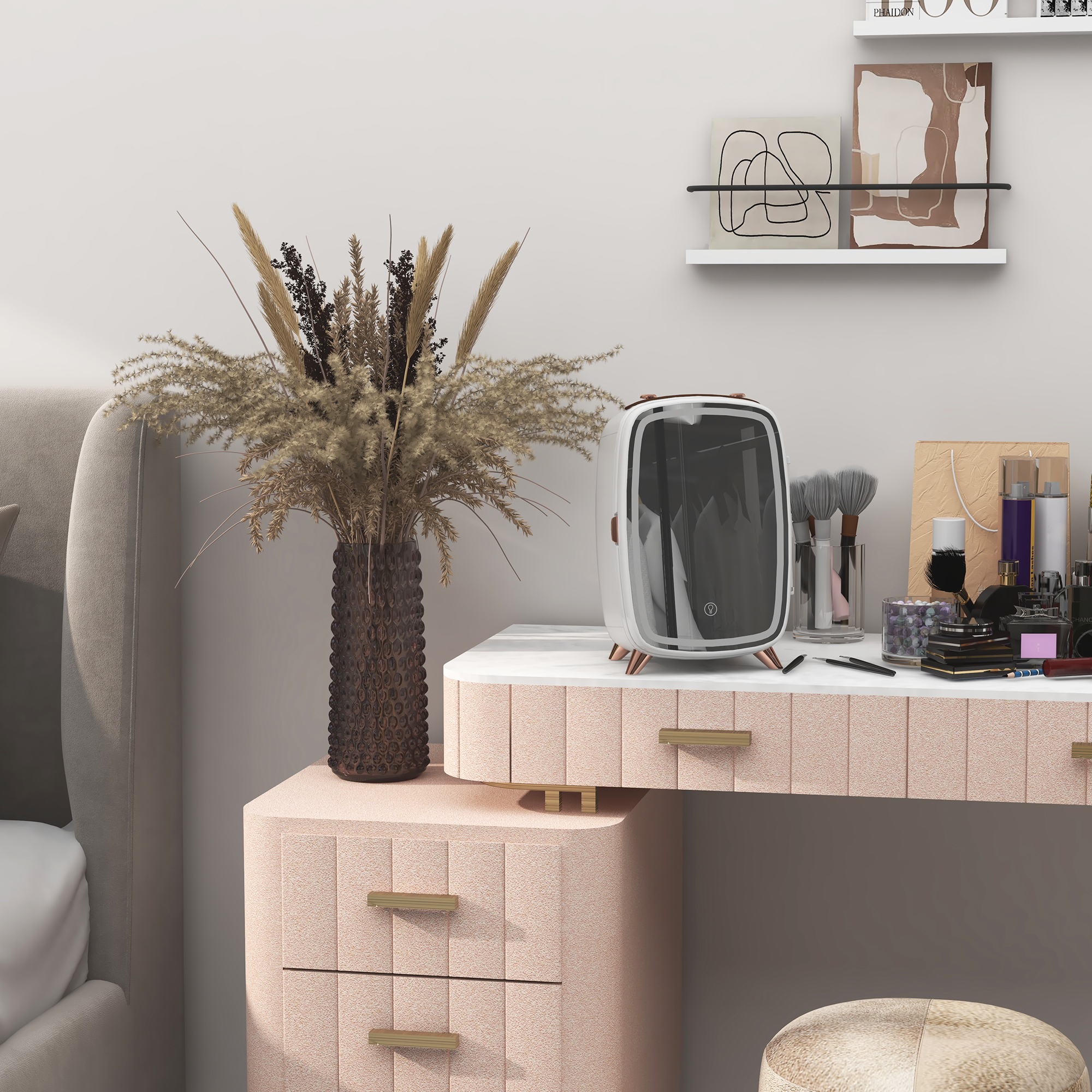 Minikühlschrank für Kosmetikprodukte, Getränke und Snacks, tragbar, mit beleuchtetem Spiegel, leiser Betrieb, 6L, Weiß