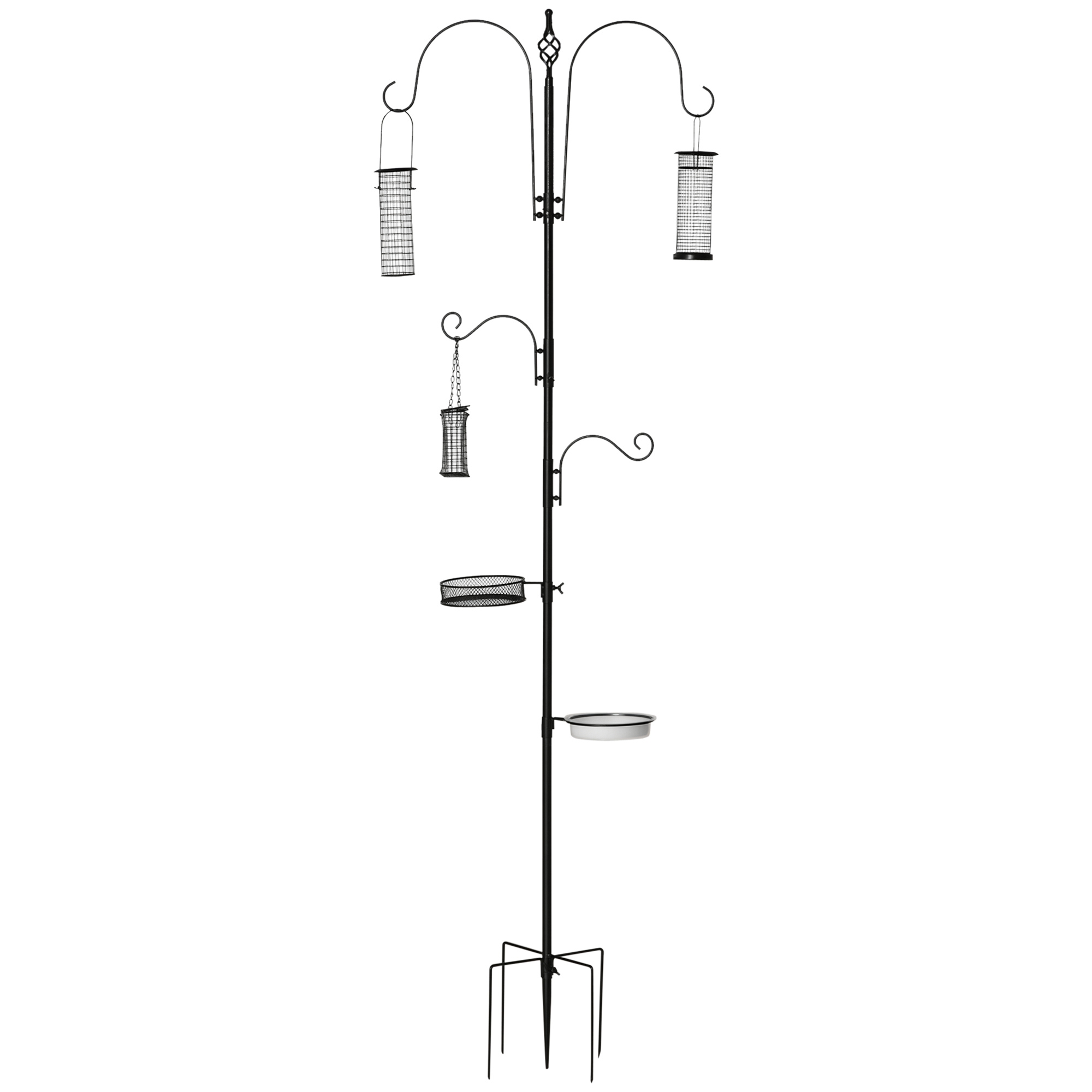 Vogel Futterstation Set aus Stahl Höhe 208 cm inkl. 4 Haken Vogeltränke Futterteller Vollständiges Futtersäulen Vogelfutterspender Station Schwarz