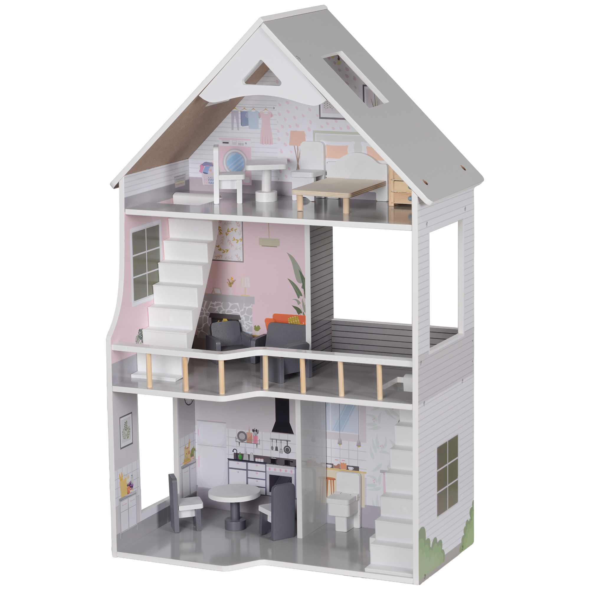 Puppenhaus aus Holz mit 13 Möbelstücken und Zubehör, 3-stöckiges Spielhaus für Kinder im Alter von 3-6 Jahren Puppenhaus aus Holz mit 13 Möbelstücken und Zubehör, 3-stöckiges Spielhaus für Kinder im Alter von 3-6 Jahren
