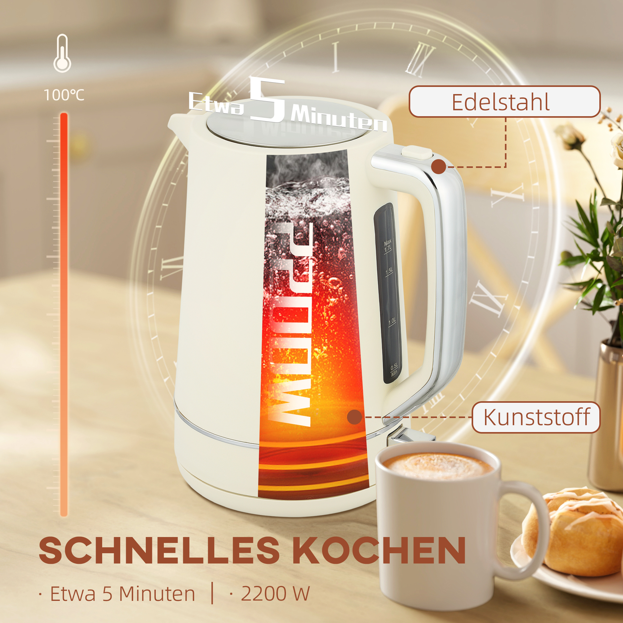 Set aus 1,7 L Wasserkocher und Toaster mit 6 Bräunungsstufen, Beige