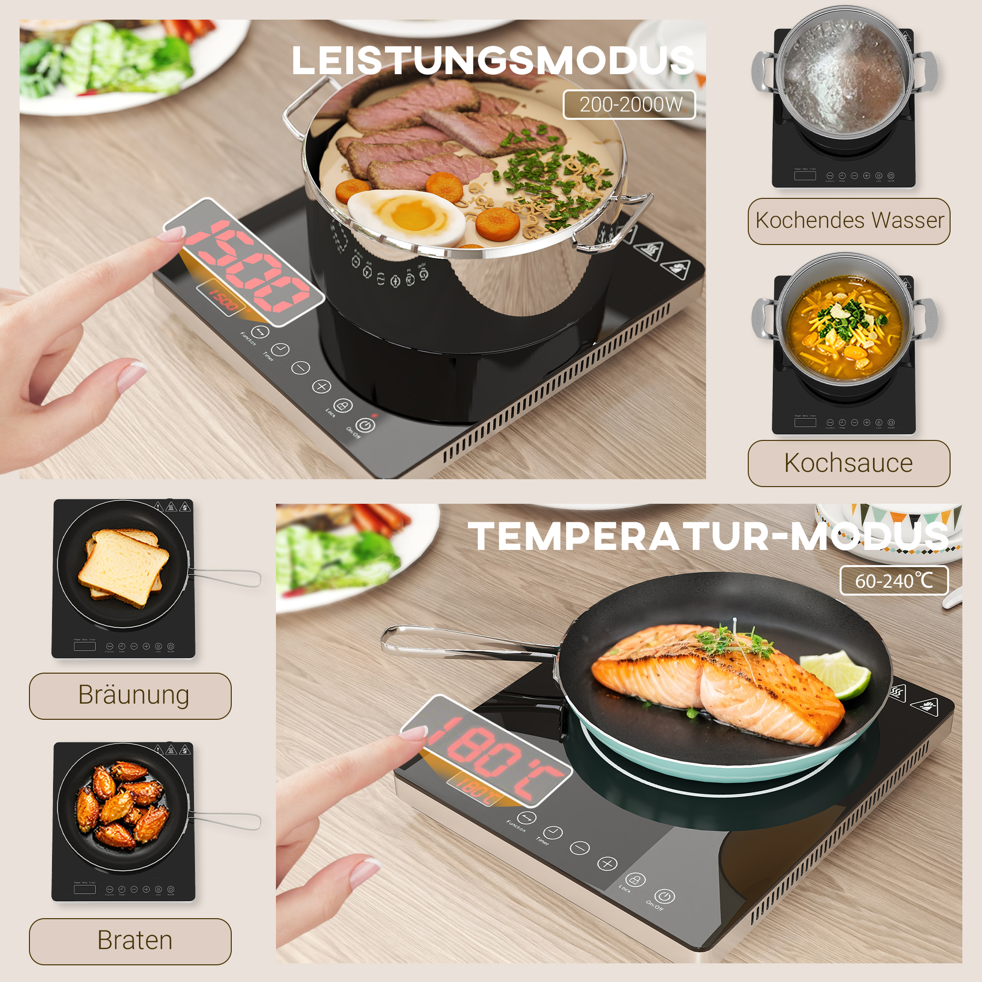 Kochplatte, Induktionskocher mit 10-Stufen-Temperatur, Touchpanel, Schwarz