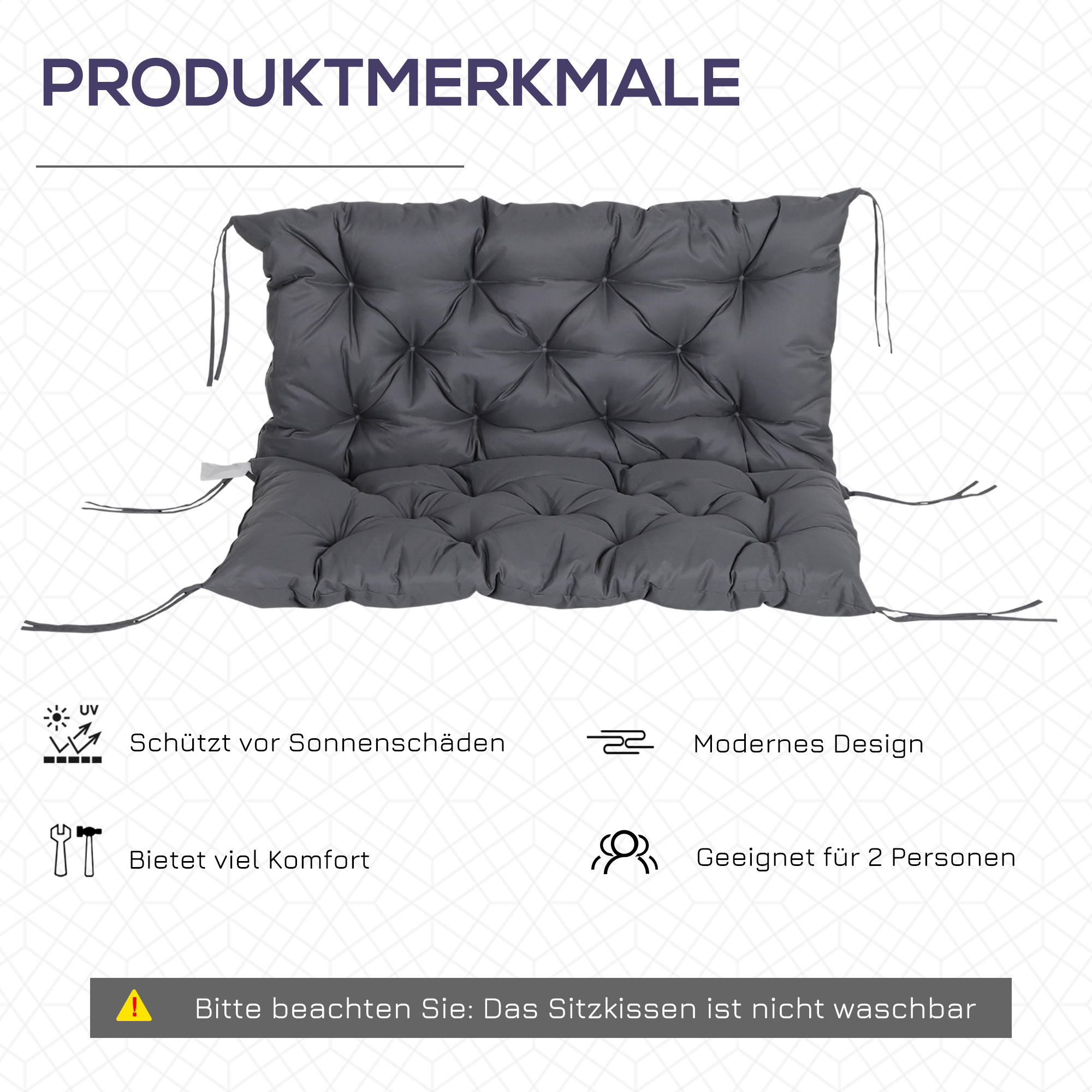 2 Sitzer Bankauflage 100 x 98 x 8 cm Sitzkissen mit Bändern Rückenkissen für Indoor/Outdoor Polster Auflage für Sitzbank Gartenbank Gartenmöbel Hollywoodschaukeln Dunkelgrau