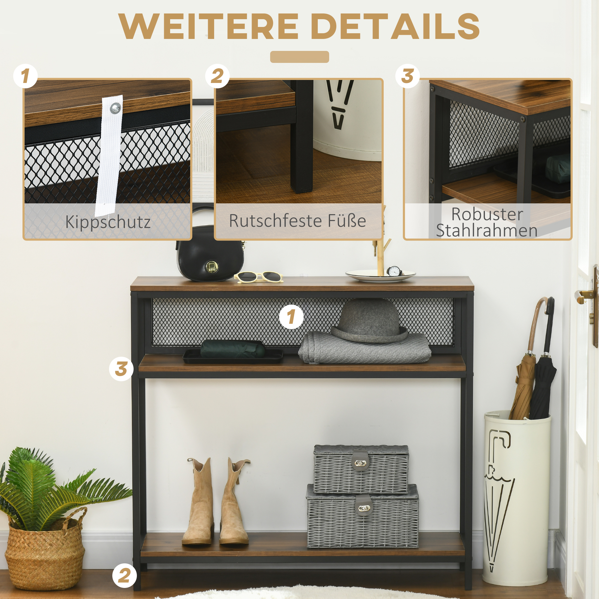 Sideboard Konsolentisch Flurregal, Industriedesign, 100 cm x 29,5 cm x 90 cm, Braun + Schwarz