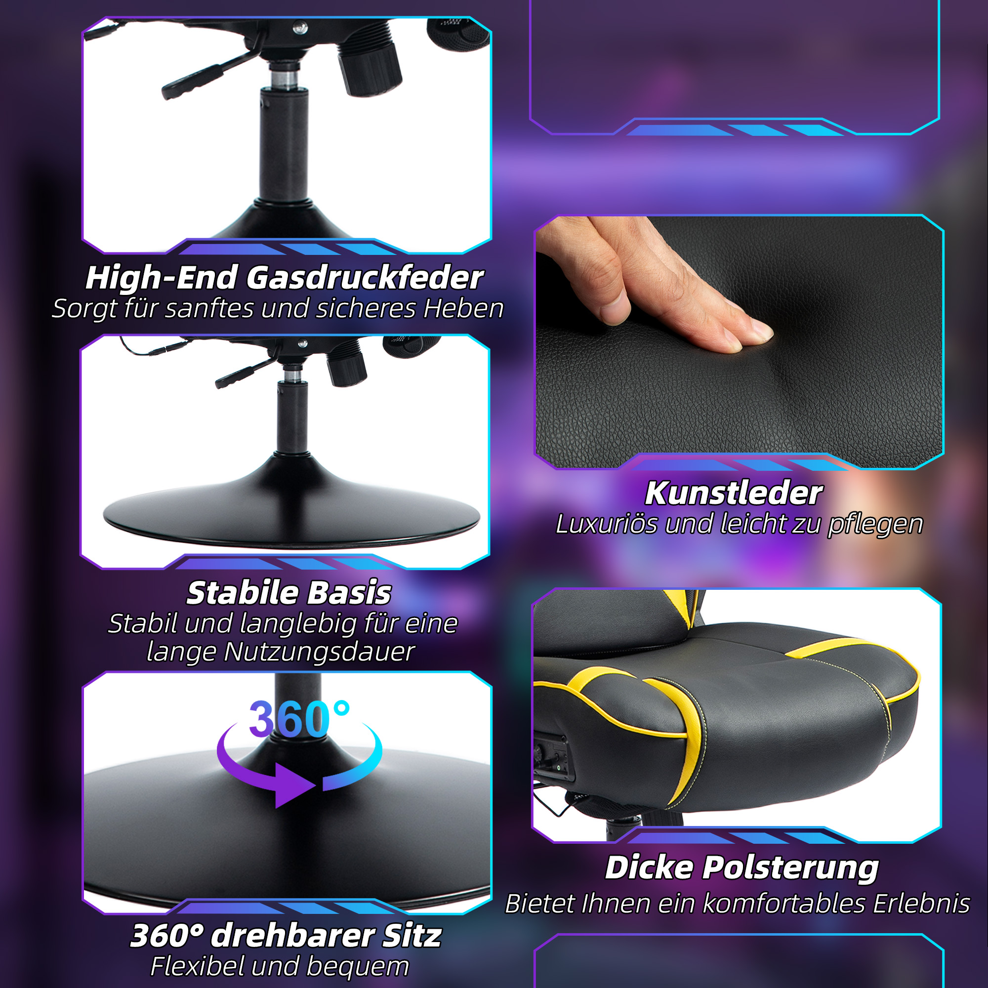 Gaming Stuhl mit Schaukelfunktion und Lautsprecher, Lenden- und Nackenstütze, für Spielzimmer, Kunstleder, Gelb+Schwarz