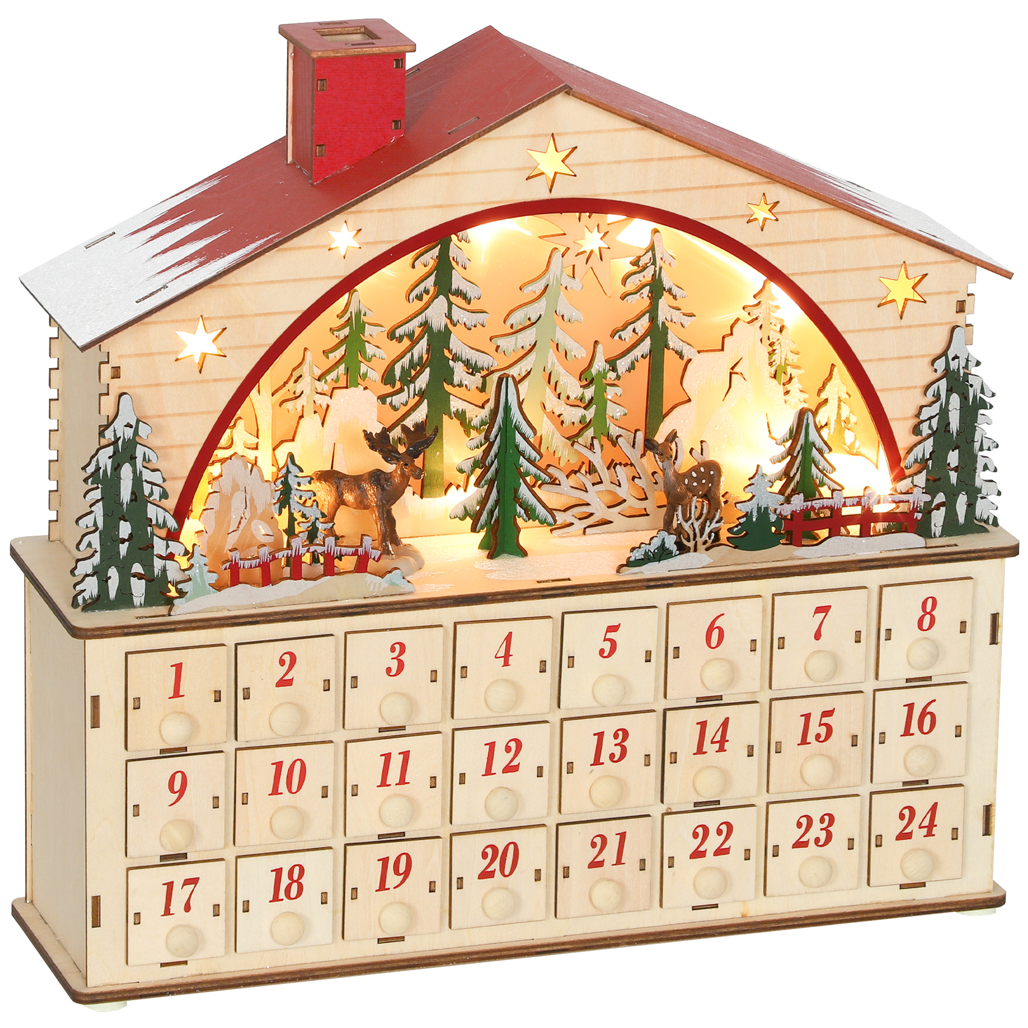 Adventskalender zum Befüllen 24 Schubladen Fächer Weihnachtskalender mit LED-Lichtern Naturholz 36 x 10 x 34 cm