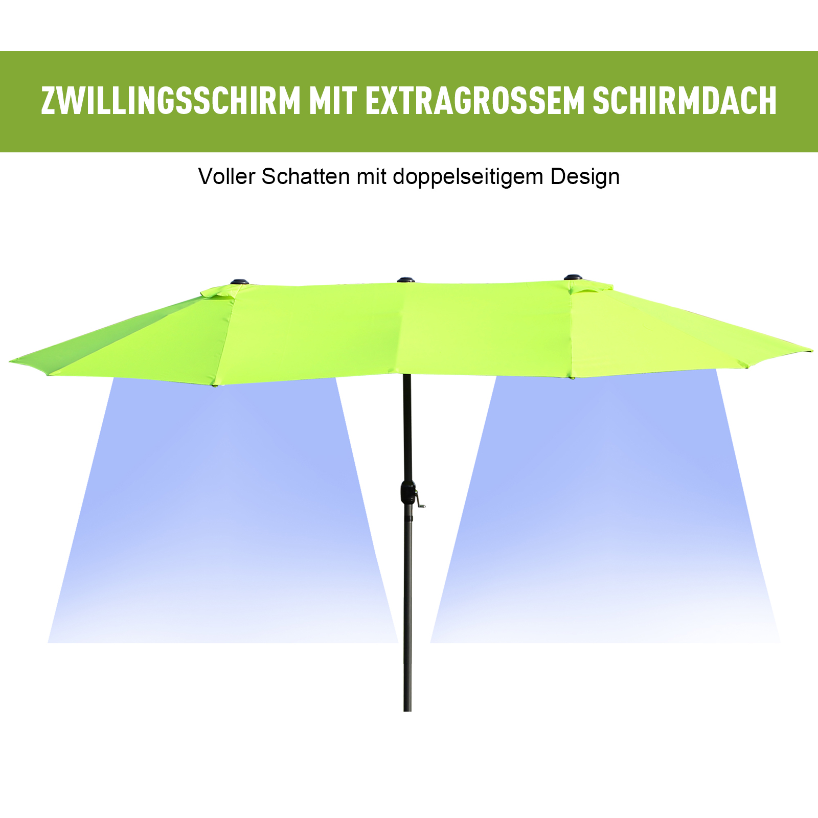 Doppelsonnenschirm 455 x 270 cm Gartenschirm mit Handkurbel oval stabil Metallstange Marktschirm Doppelsonnenschirm Terrassenschirm Sonnenschutz für Strand Balkon Terrasse Garten Grün