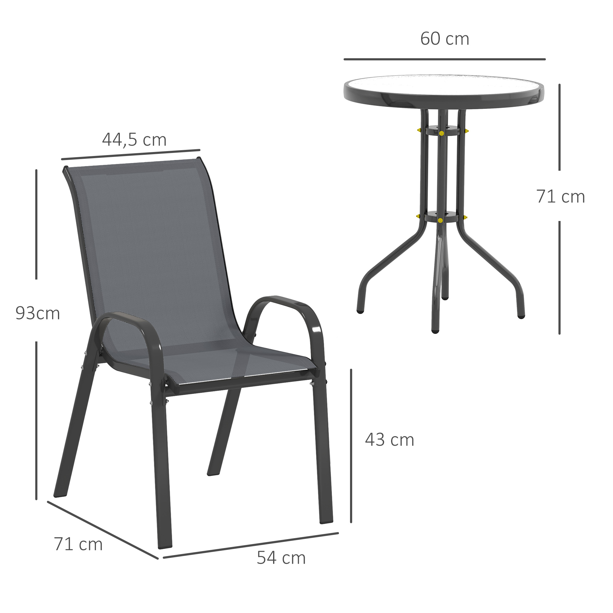 Bistro-Set 3-teilig Wetterfest Gartenmöbel Set mit Glastisch Stapelbare Gartenstühlen Dunkelgrau