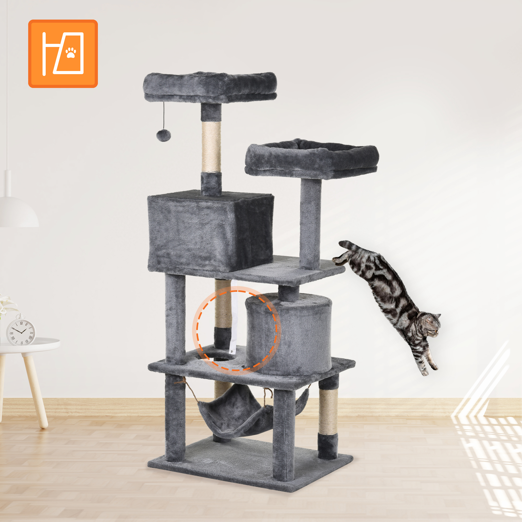 Katzen Kratzbaum groß 145 cm, Katzenbaum mit Hängematte, Kletterbaum für Katzen, Katzenkratzbaum Höhle Katzenmöbel mit Sisalstämmen, Hellgrau