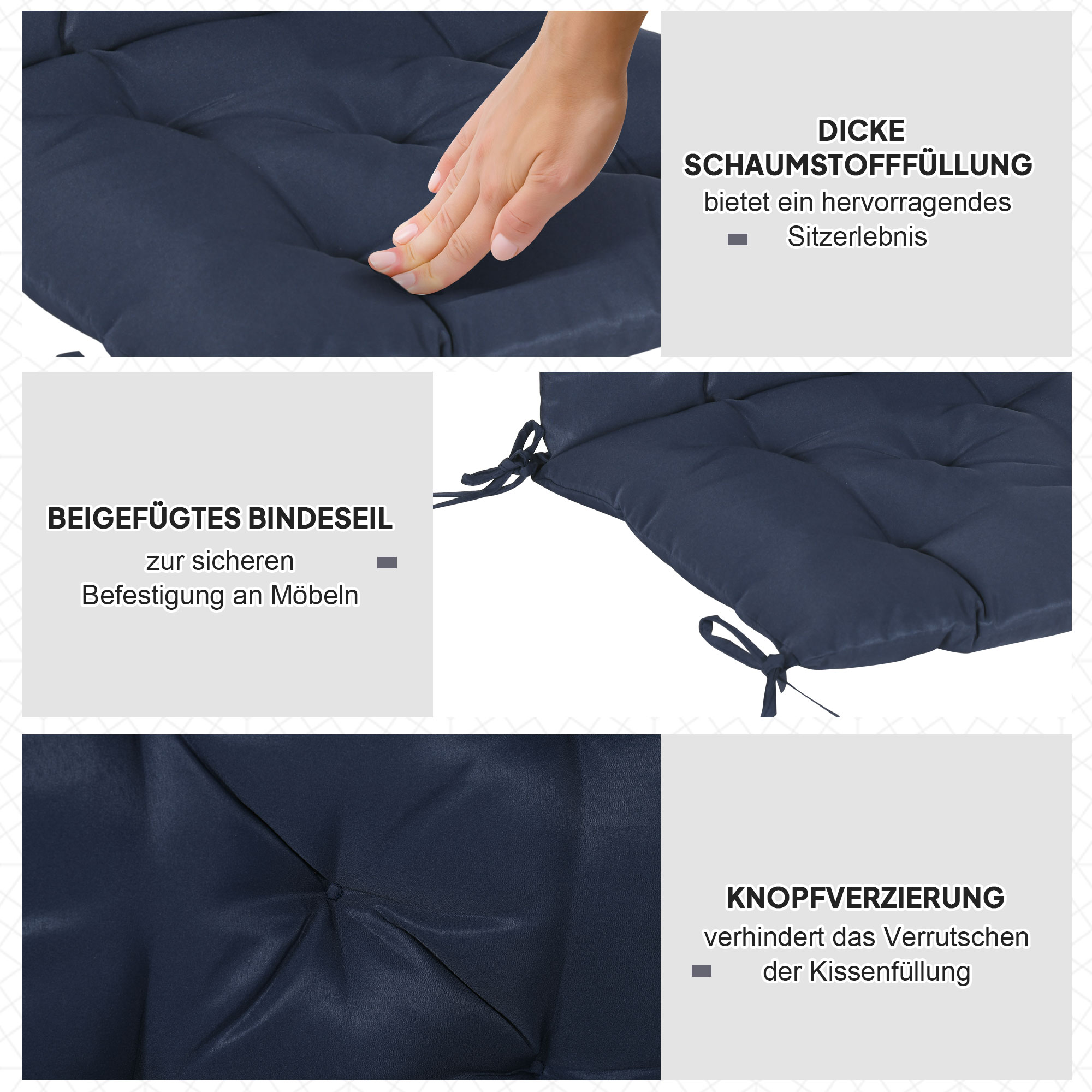 2er-Set Sitzkissen, 98 x 50 cm Stuhlkissen mit Bindebänder, Stoffbezug, 8cm dick Dunkelblau
