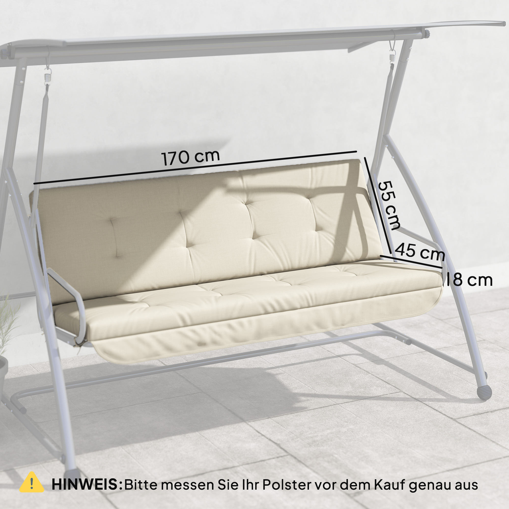 Auflagen-Set für Hollywoodschaukel 170 cm Stuhlkissen Schaukelauflage Sitzkissen Gartenschaukel Gartenpolster Rückenkissen Seitenkissen Beige