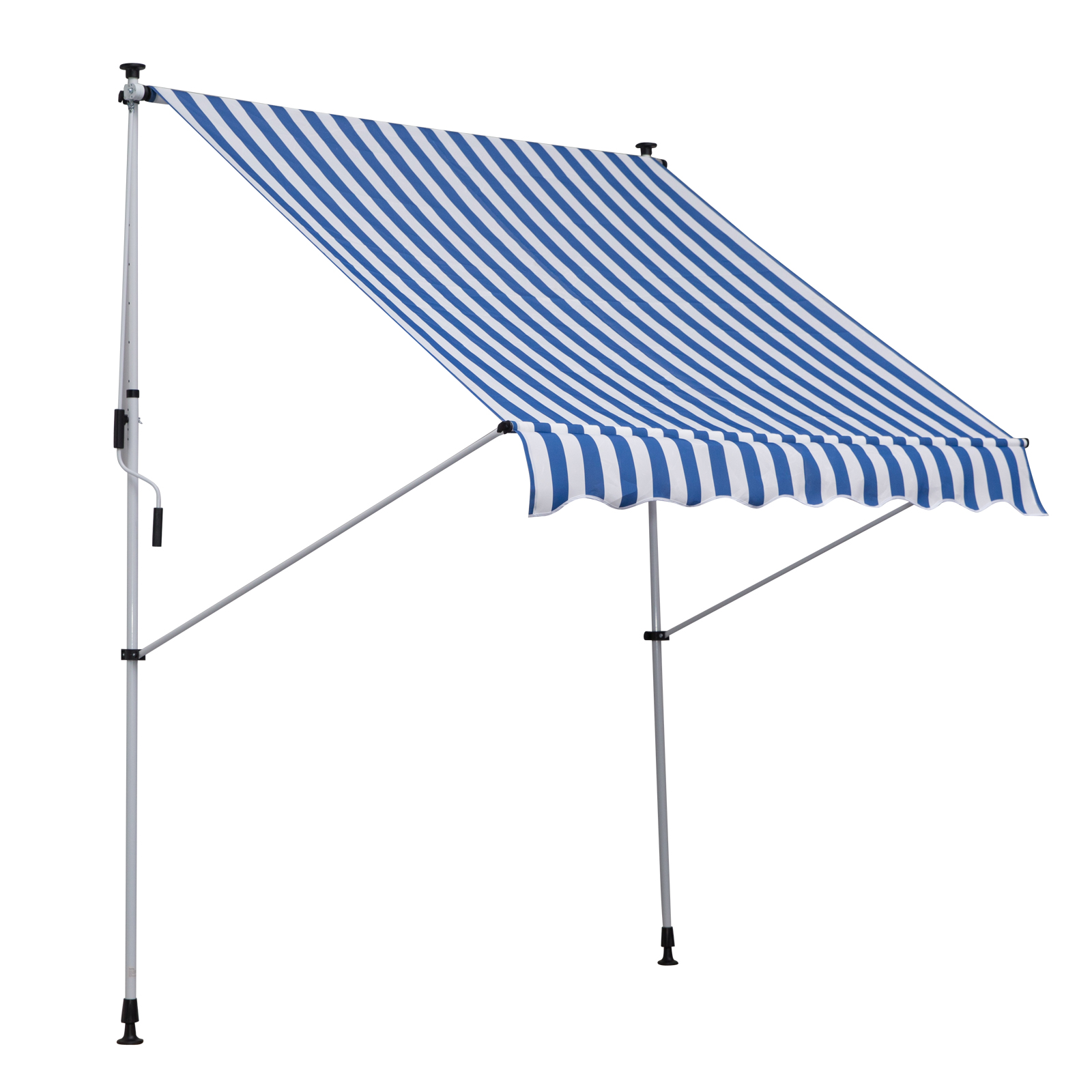 Klemmmarkise mit Handkurbel höhenverstellbar Gelenkarmmarkise schmutzabweisend, witterungsbeständig Balkonmarkise 150cm breit Terrassenmarkise für Terrasse Balkon Veranda Blau+Weiß