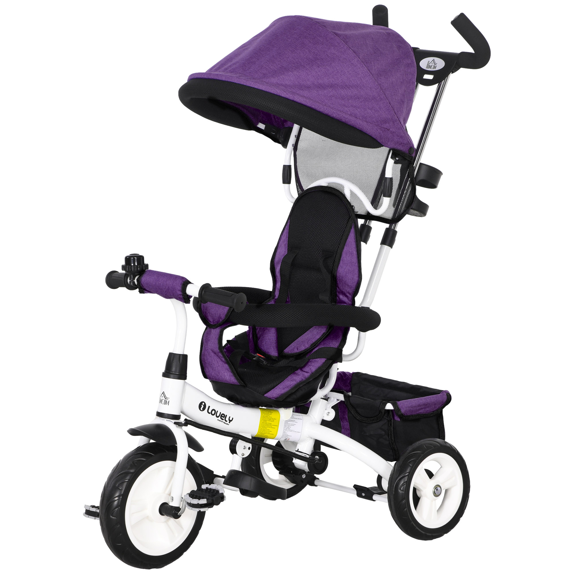 6-in-1 Kinderdreirad mit Schiebestange, Dach, Gurt, Ablagekorb, für 1-5 Jahre, Blau