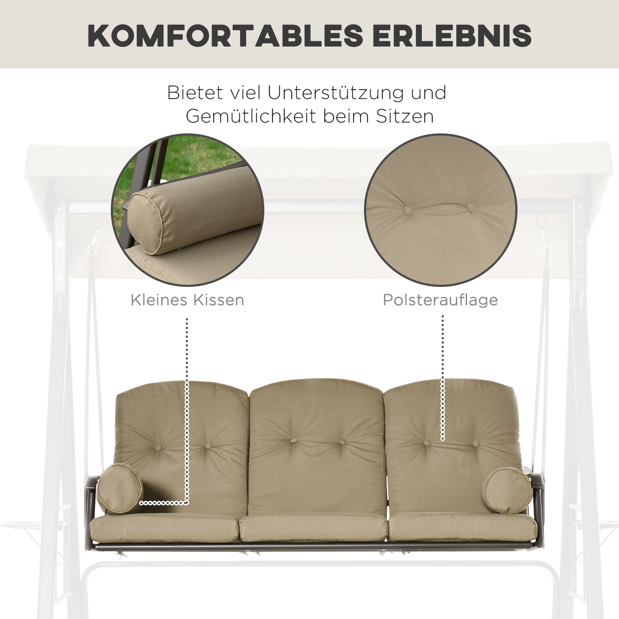 3-Sitzer Hollywoodschaukel Gartenschaukel mit Sonnendach Kissen Metall Polyester Khaki 116 x 206 x 183 cm