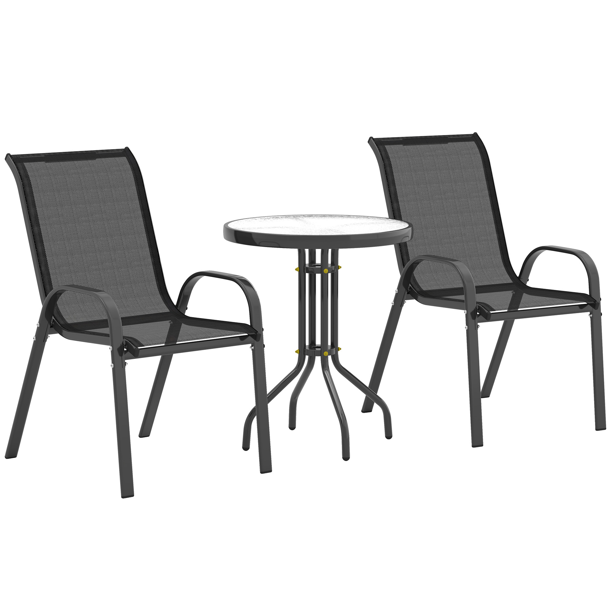 Bistro-Set 3-teilig Wetterfest Gartenmöbel Set mit Glastisch Stapelbare Gartenstühlen Schwarz