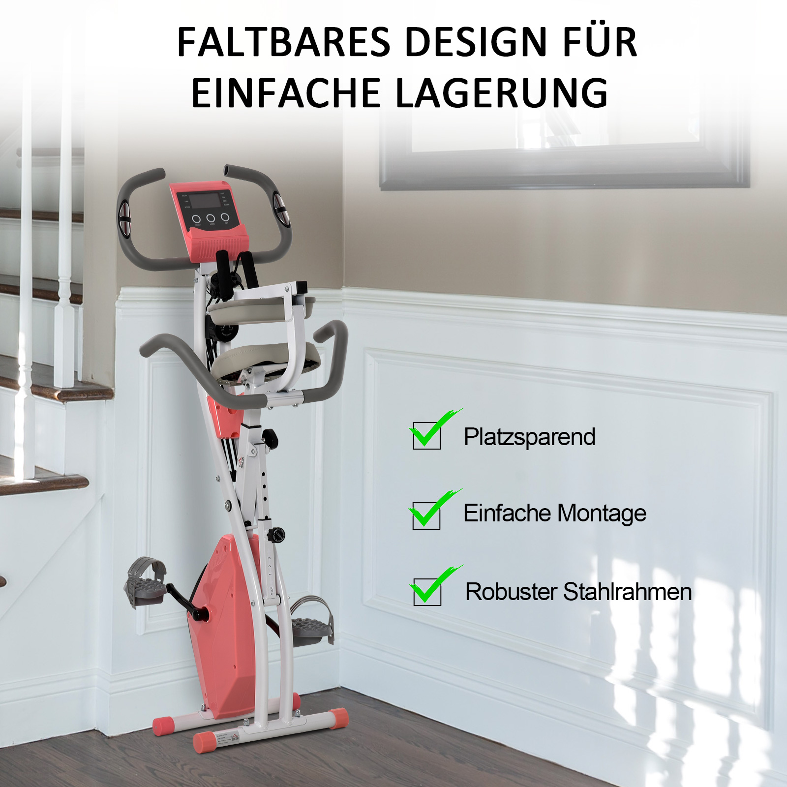 Heimtrainer X-Bike 2-in-1 Fahrradtrainer mit LCD-Display,Pulsmesser, klappbarer Hometrainer Trimmrad mit 8 stufig Magnetwiderstand, 1 Paar Spannseil, Stahl Rosa 105x48x118 cm