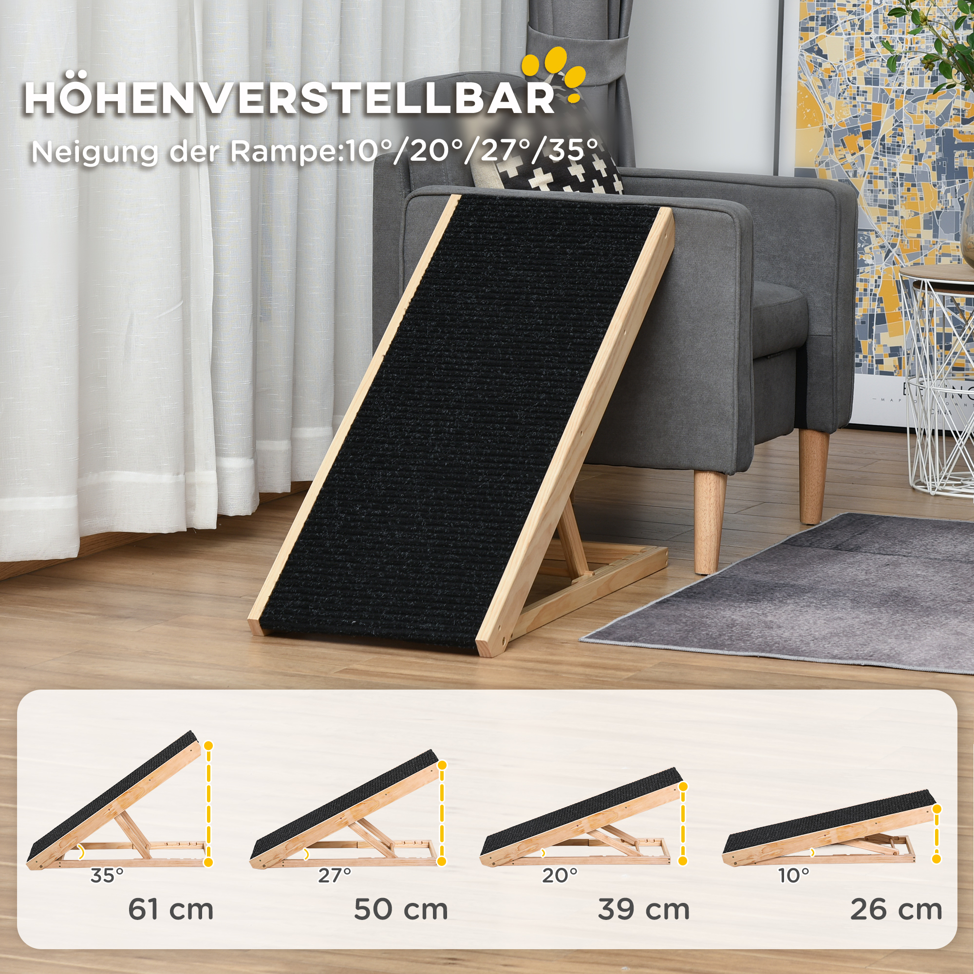 Haustierrampe mit rutschfestem Teppich verstellbarer Haustierleiter Hunderampe für großen Hund Kiefernholz Polyester Schwarz+Naturholz 90B x 40T x 61H cm