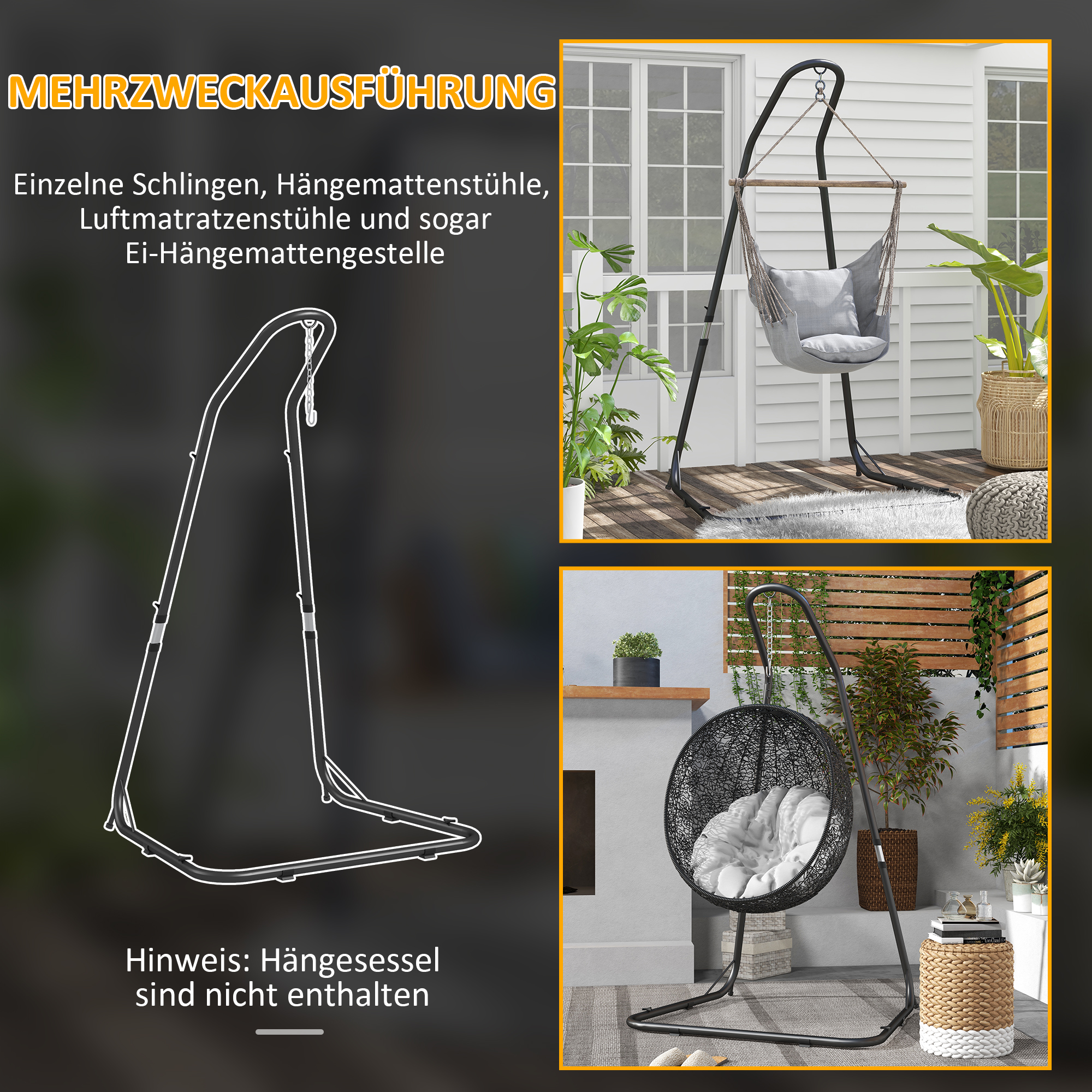 Hängesesselständer Gestell für Hängesessel Hängesesselhalterung, 133 cm x 116 cm x 195/230 cm, Schwarz