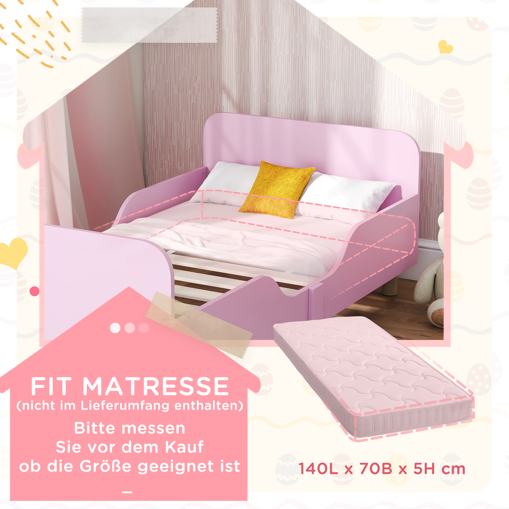 Kinderbettgestell, Einzelbettrahmen für Kinder, Schutzgitter, kleines Bett für Kinderzimmer, MDF, ohne Matratze, Rosa