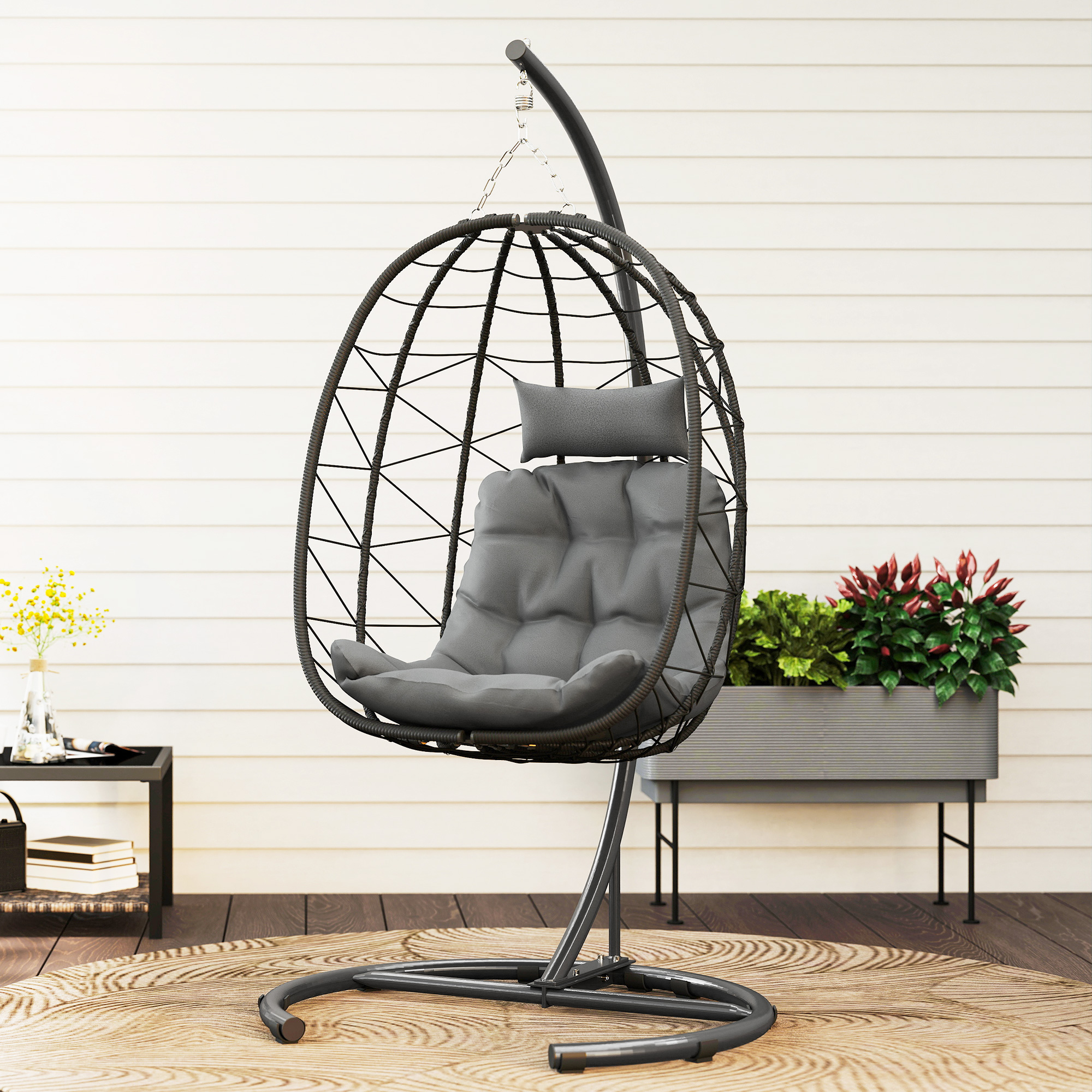 Hängesessel Outdoor Hängesessel Egg Chair, wetterbeständig, inkl. Polster, 102 cm x 102 cm x 195 cm, Dunkelgrau