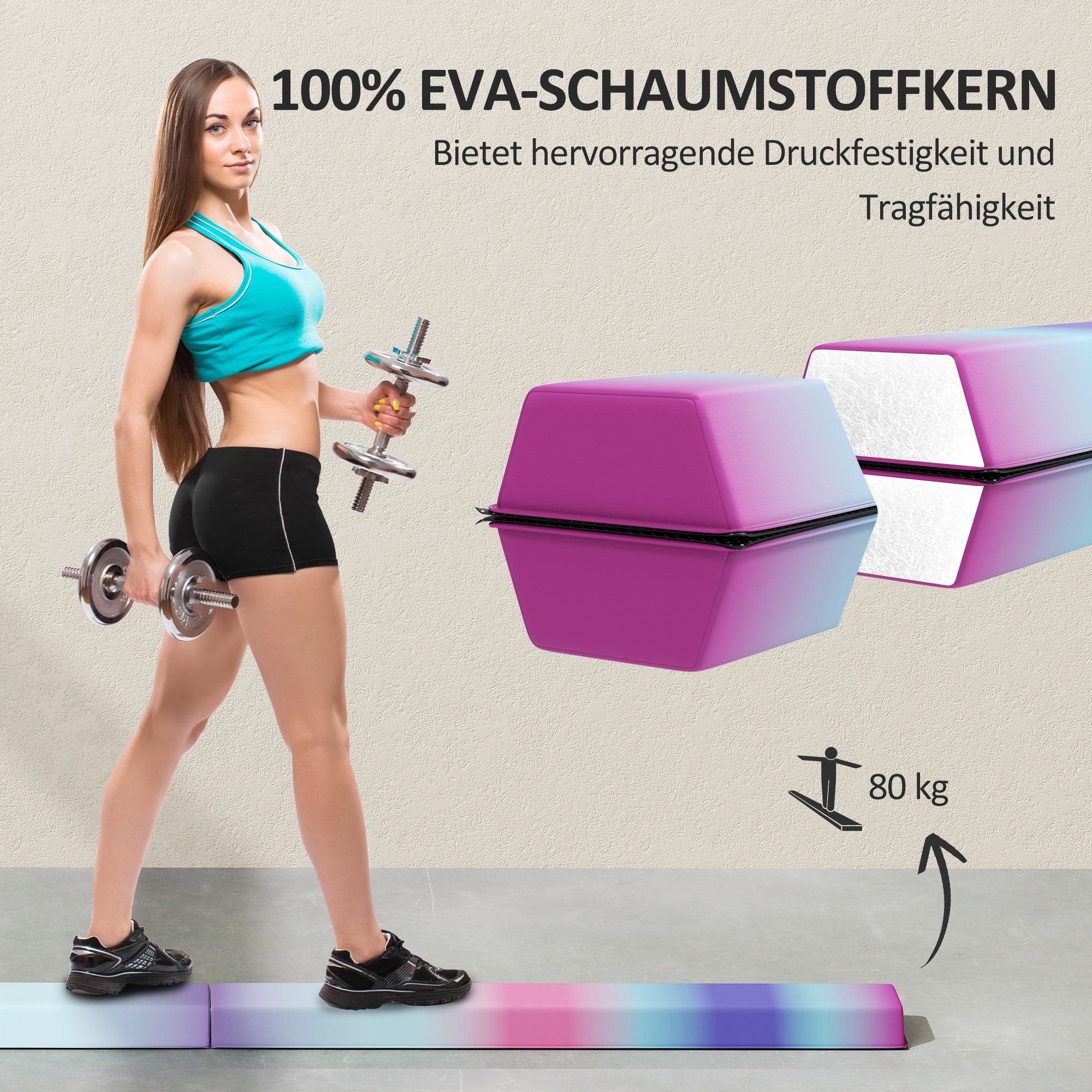 Schwebebalken 2,4 m, faltbar, rutschfester Boden, für 3+ Jahre, bis 80 kg, Mehrfarbig