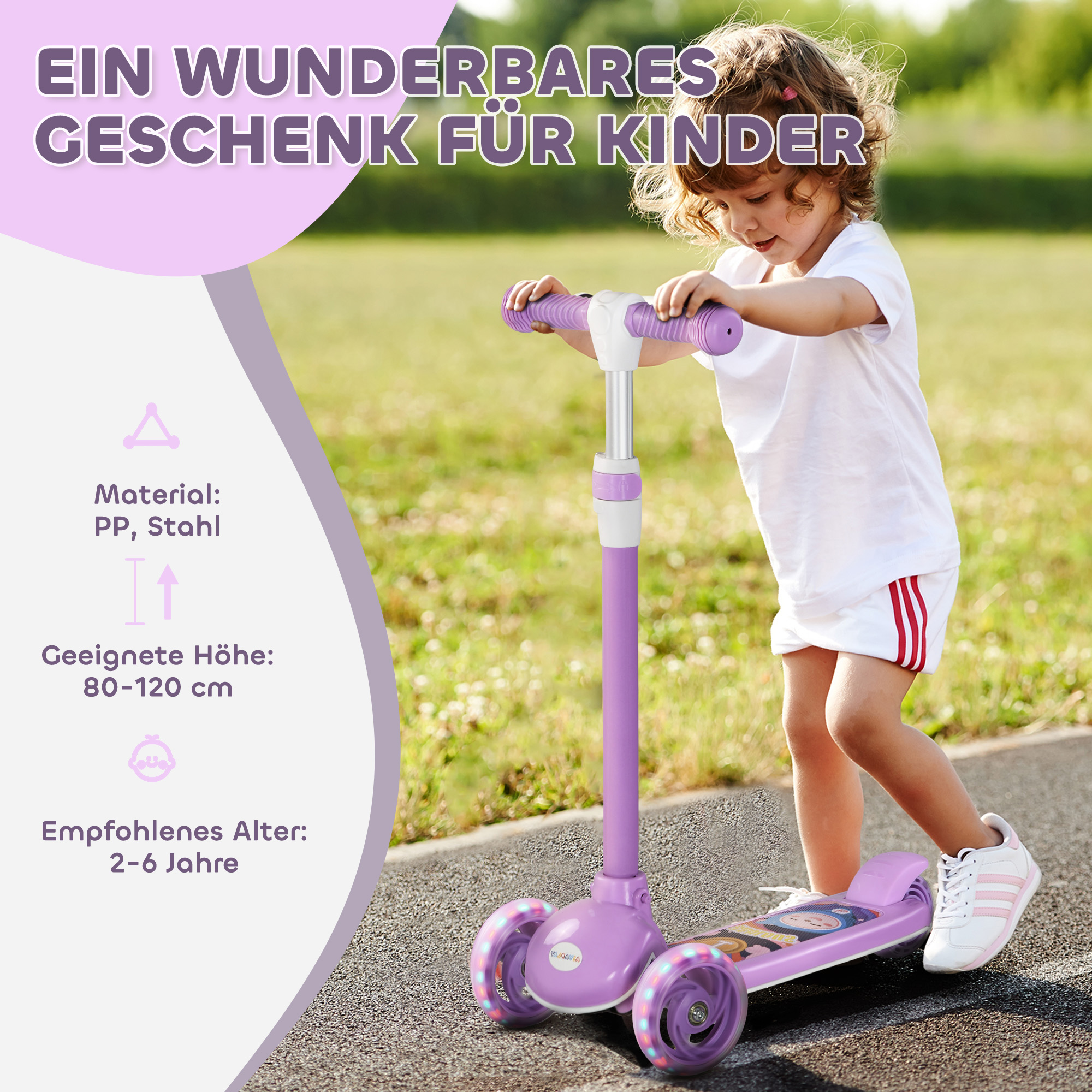Kinderroller, LED-Räder, sanfte Fahrt, anpassbare Höhe, Kunststoff, Stahl, Lila