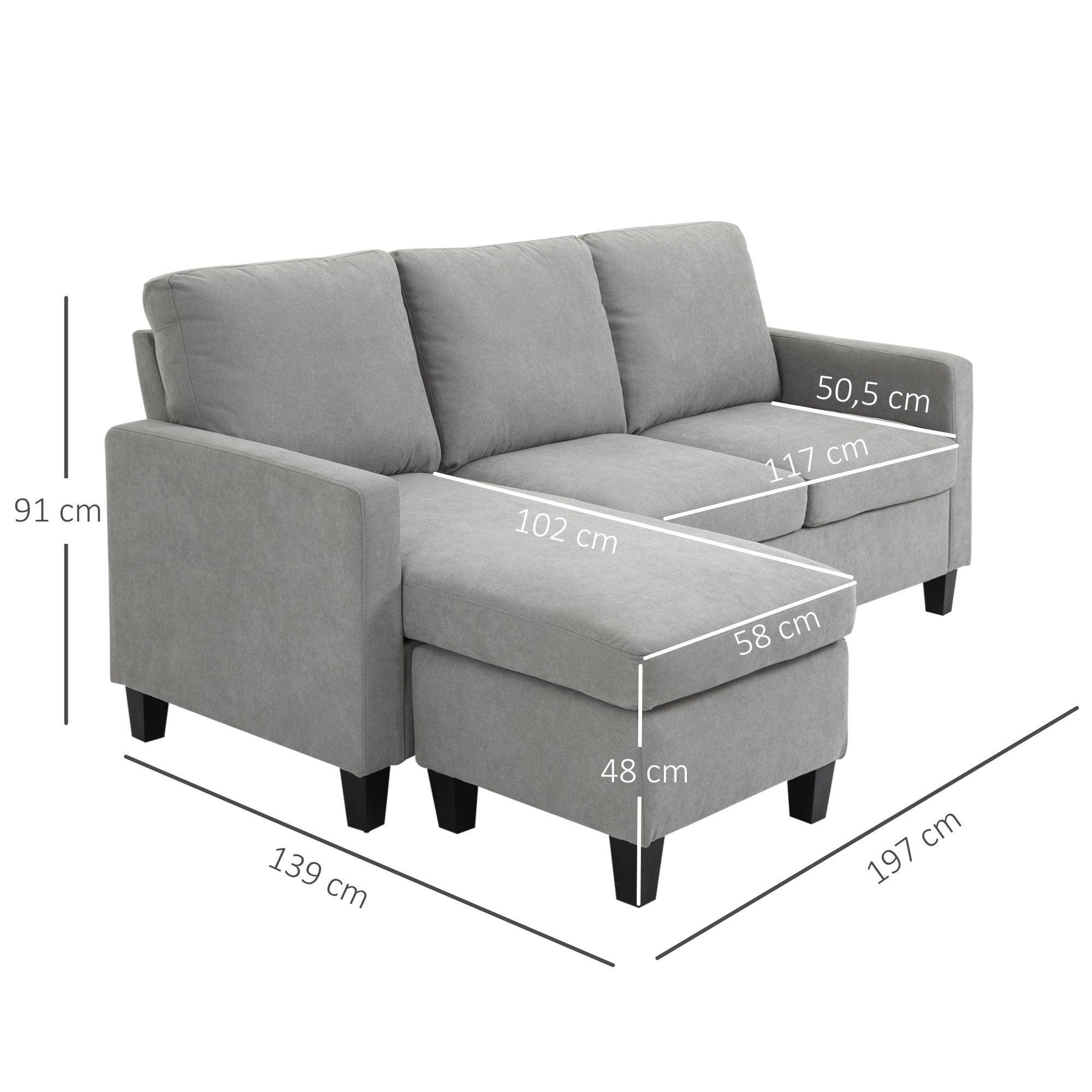 Ecksofa mit Schlaffunktion, 3-Sitzer-Sofa mit Bettkasten und Kissen, Eckcouch, L-Form Couch, Stoffbezug, Grau