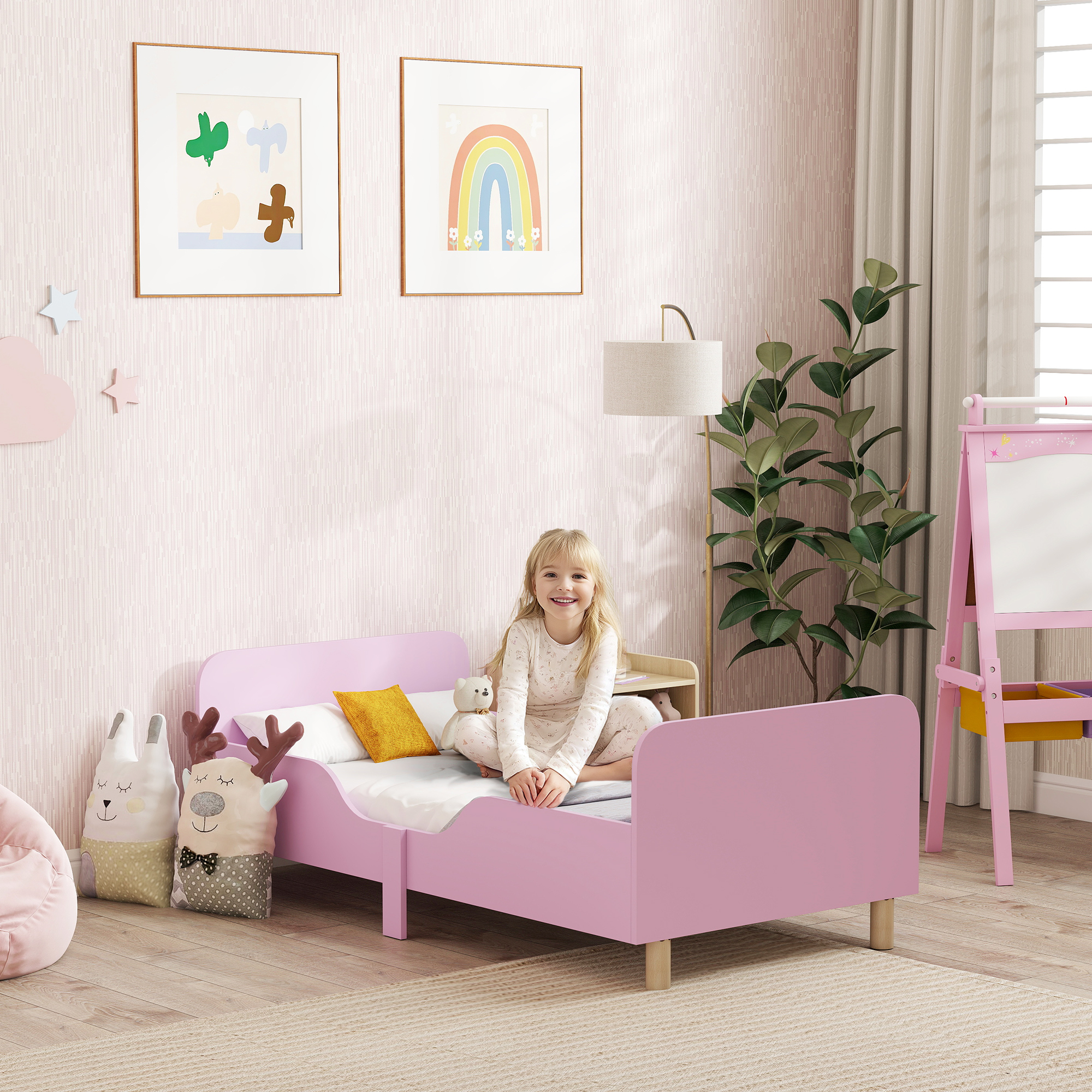 Kinderbettgestell, Einzelbettrahmen für Kinder, Schutzgitter, kleines Bett für Kinderzimmer, MDF, ohne Matratze, Rosa