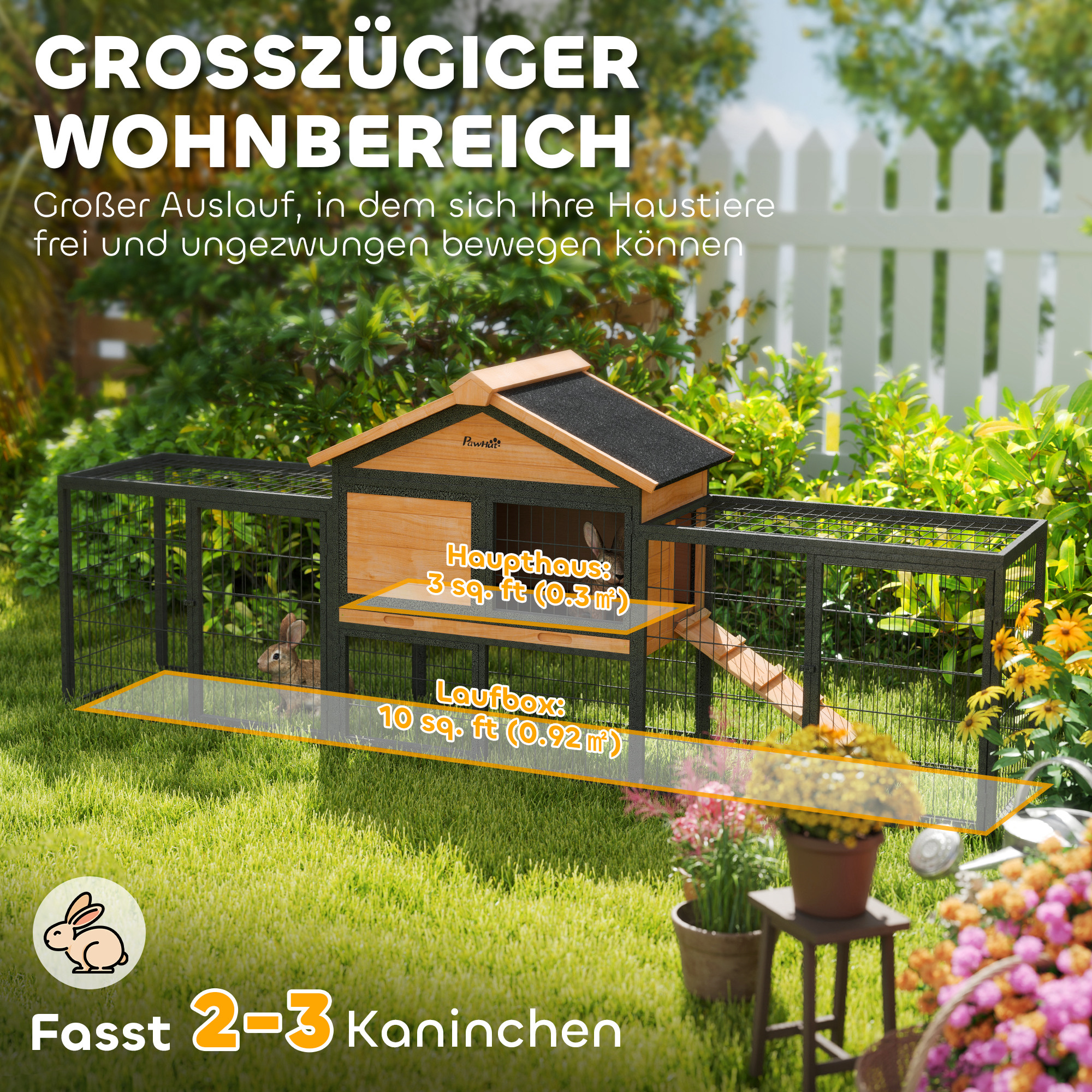 Hasenstall 2 Ebenen Kaninchenstall aus Vollholz Winterfest Doppelstockhaus mit Freilaufgehege 217x53x86 cm Gelb