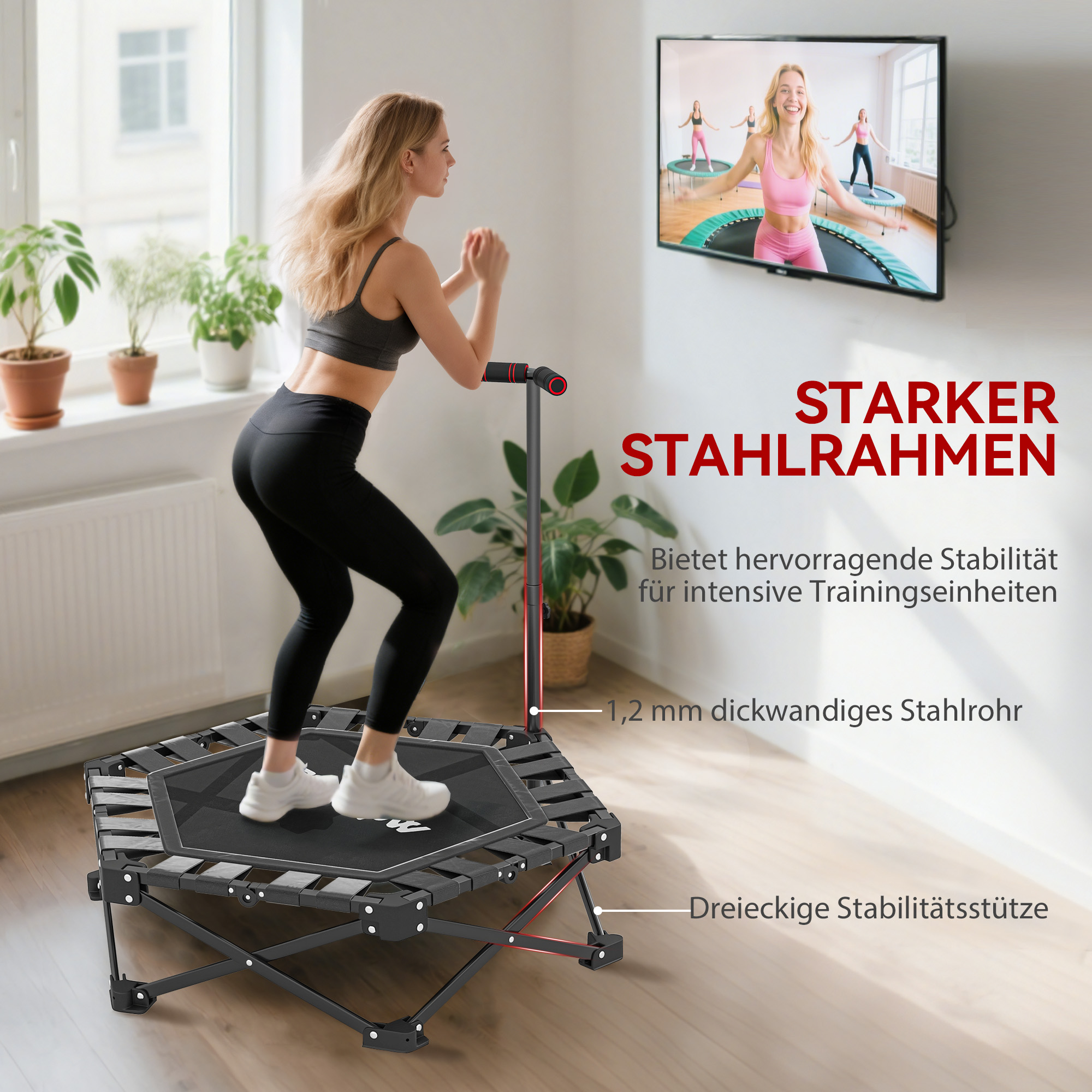 Fitness-Trampolin mit verstellbarem T-Griff, faltbar, Tragetasche, 120 kg Belastbarkeit, Stahl, Kunststoff, Schwarz