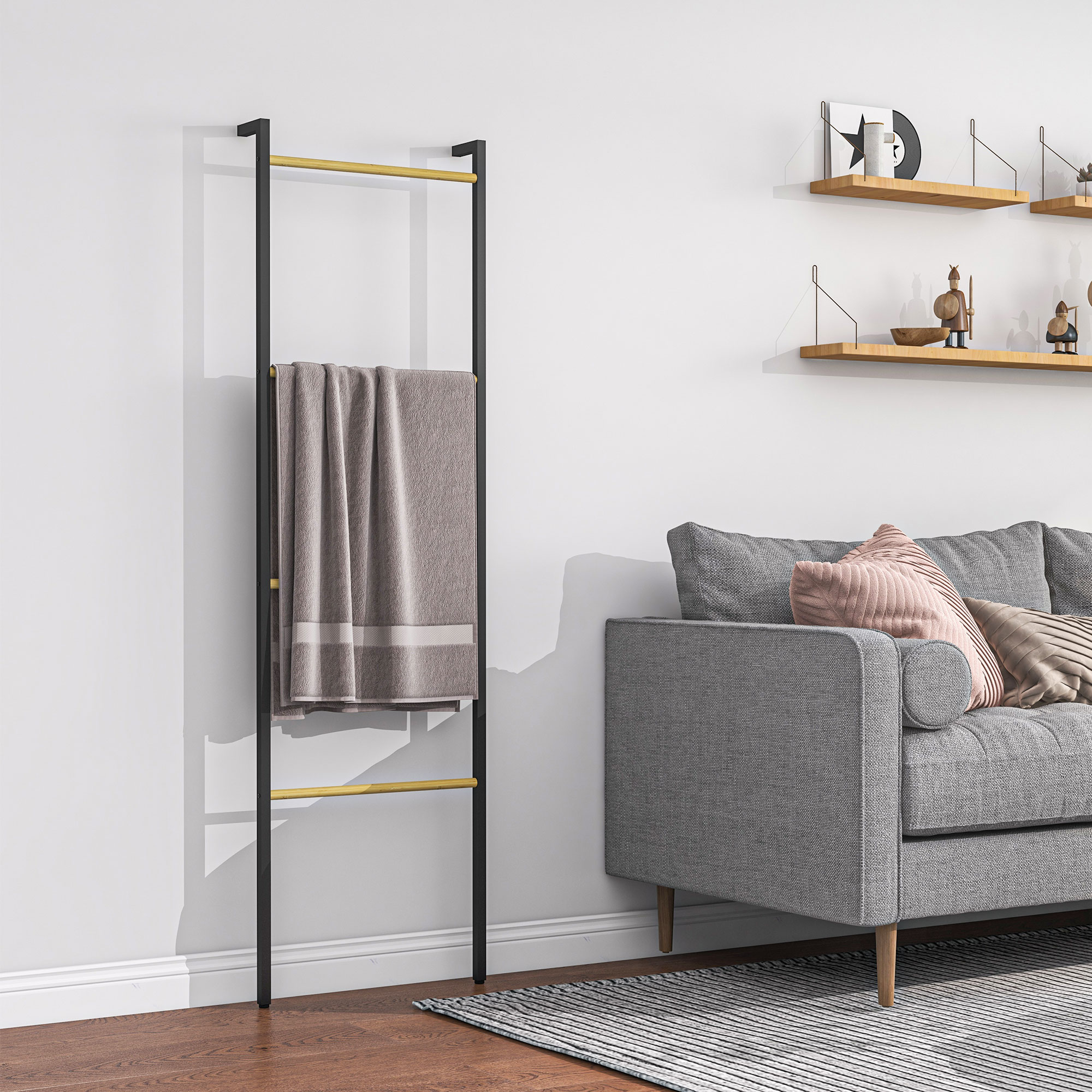 Handtuchhalter, freistehend, 4 Stangen, 49x5,5x167,5cm, Schwarz/Naturholz